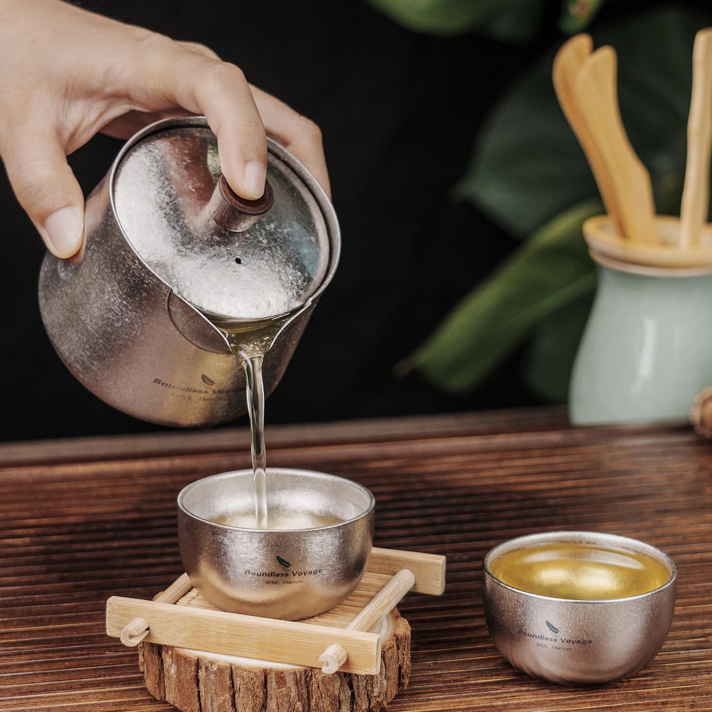 Boundless Voyage 150ml Titanium Double-Layer Tea Maker | 90g Ultralight Mini Teapot with Wood Handle | Anti-Scald Insulated Tea Mug for Solo Camping