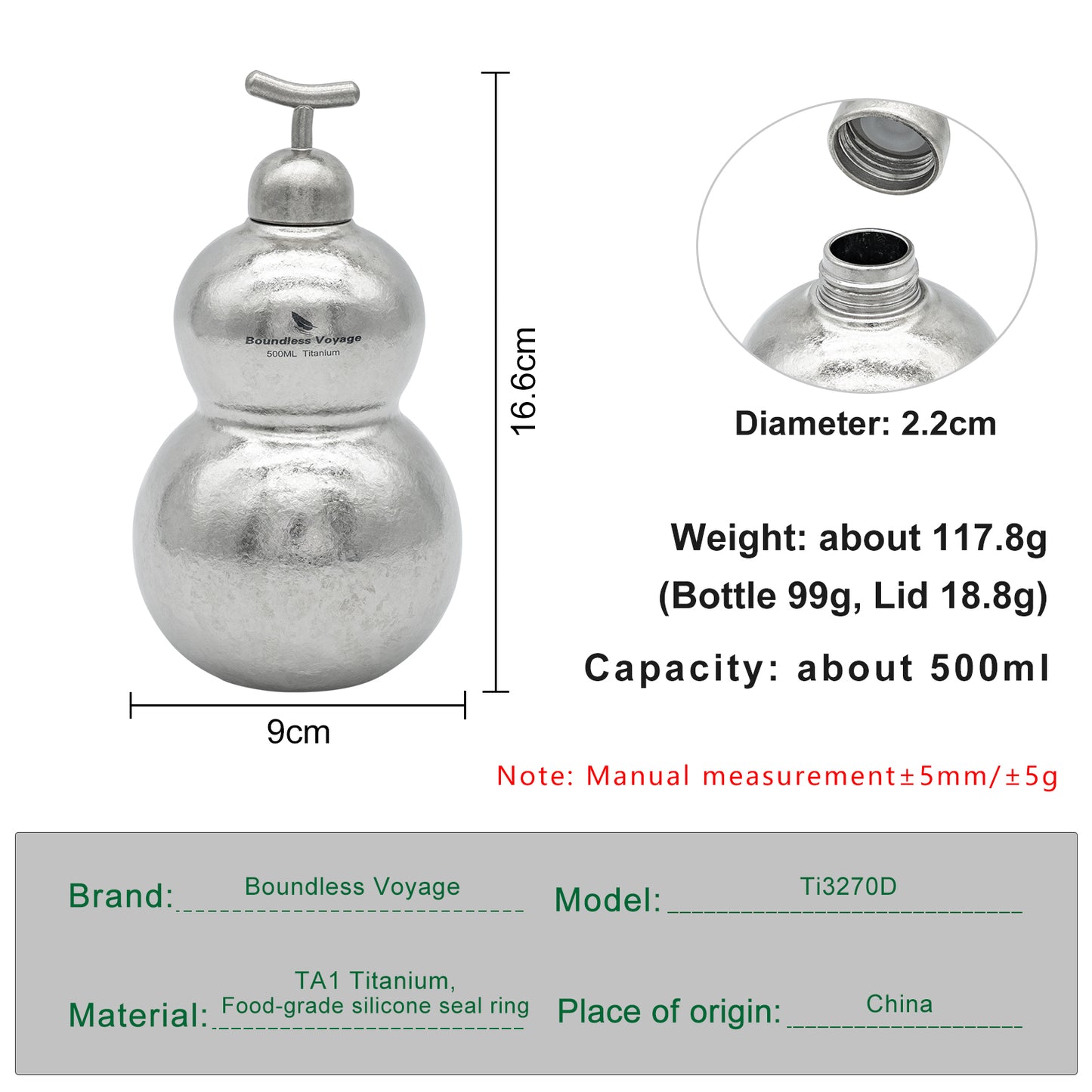Boundless Voyage Premium Titanium Gourd Flask  | 500ml Crystallized Ice-Texture Canteen | Ultralight & Rustproof Alcohol Drinkware for Hiking & Camping