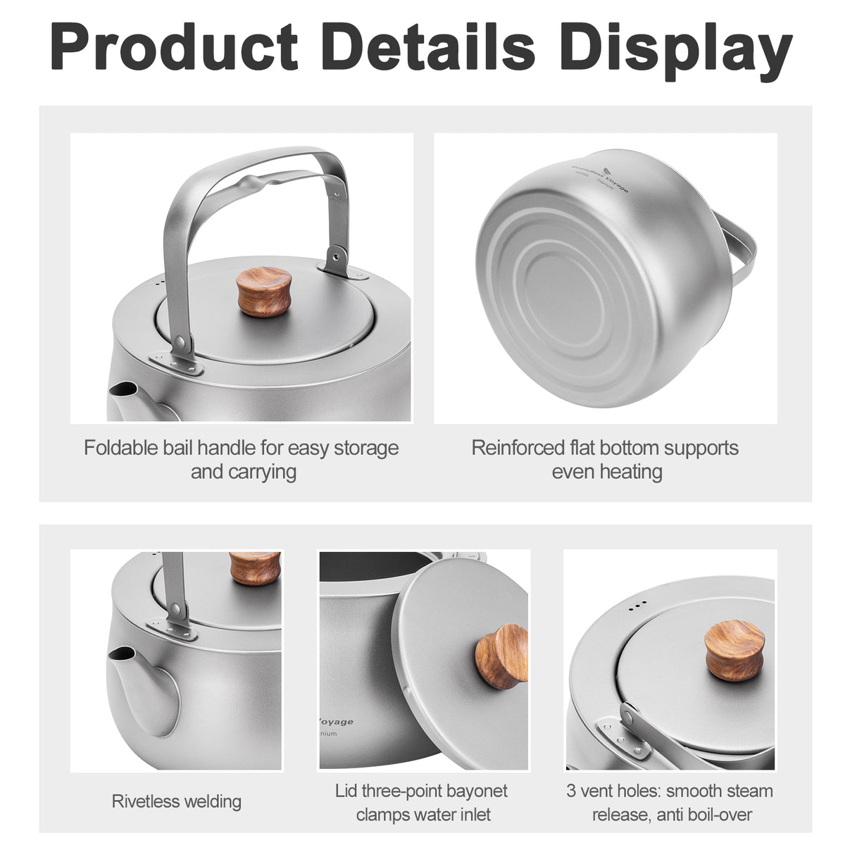 Boundless Voyage 800ml Titanium Camping Kettle – Ultralight Water Boiler with Folding Handle & Wooden Knob for Backpacking, Hiking & Outdoor Cooking