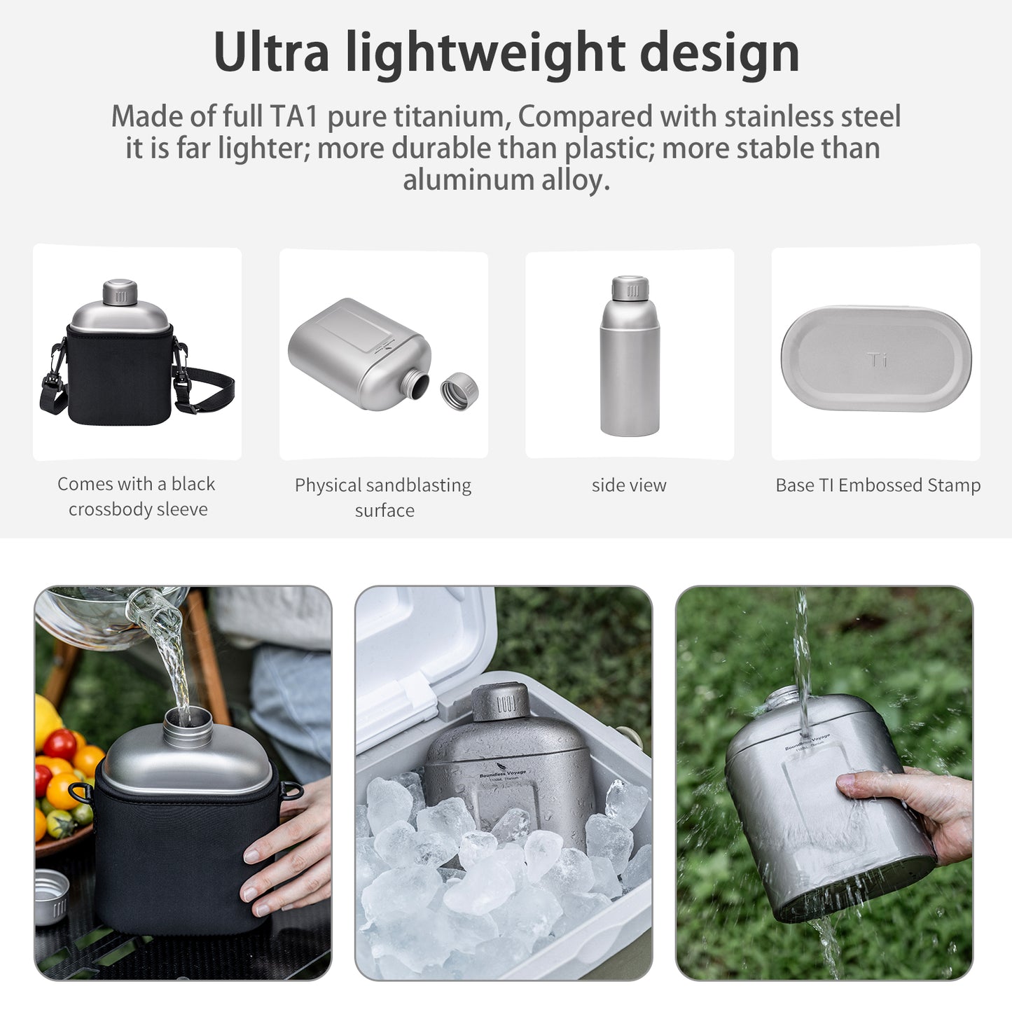 Boundless Voyage 1100ml TA1 Titanium Water Bottle – Single Wall Open-Fire Canteen with Leakproof Lid & Carry Sleeve for Camping & Outdoor Survival