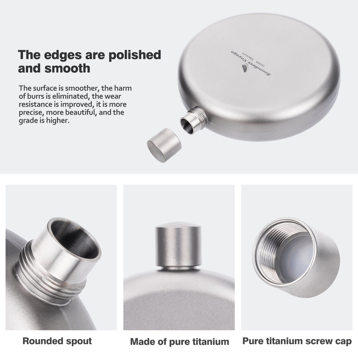 Boundless Voyage 150ml Titanium Hip Flask Set with Funnel & Shot Cup – Ultralight TA1 Titanium Whiskey Flask, Leakproof Pocket Liquor Bottle for Camping, Travel & Gifts