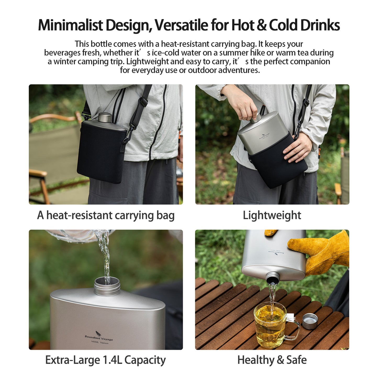 Boundless Voyage Titanium Water Bottle 1.4L – Leak-Proof Anti-Slip Cap, Ultra-Lightweight & Durable, Ideal for Camping, Hiking & Everyday Use