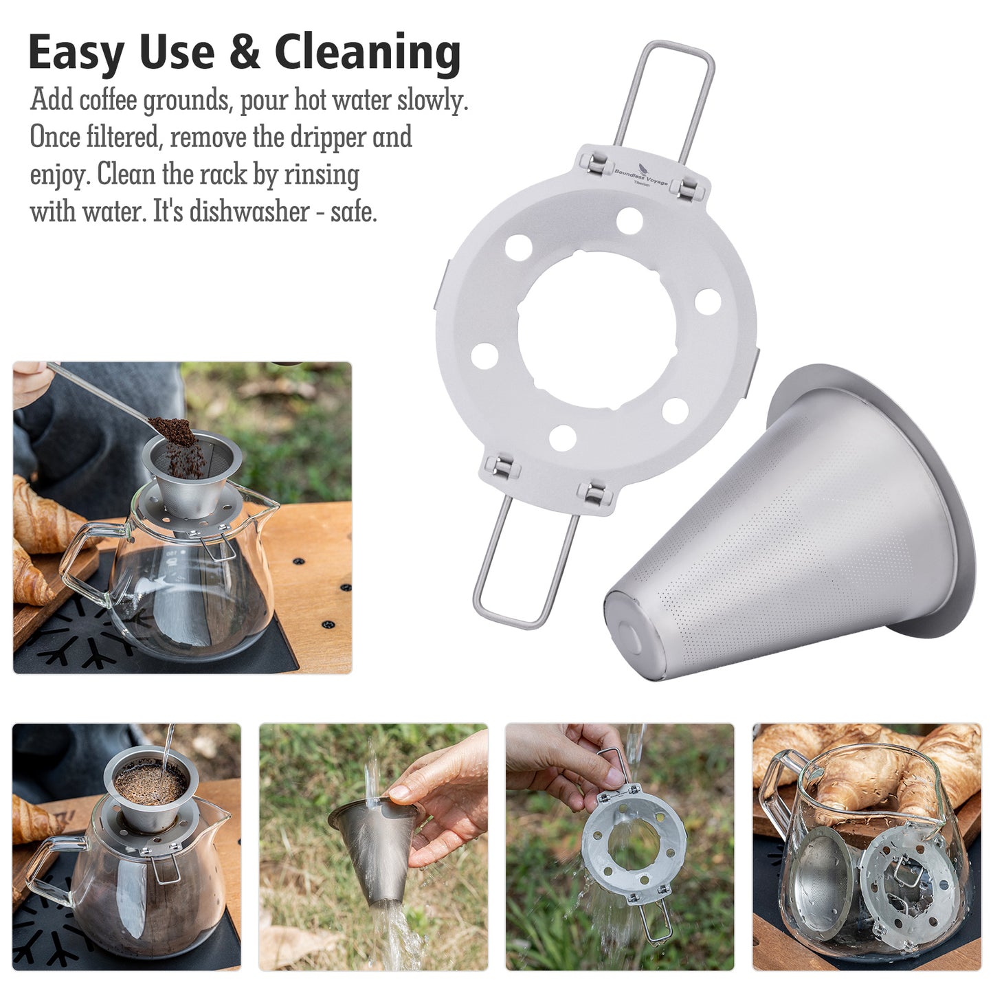 Boundless Voyage Pour Over Coffee Dripper,Titanium Coffee Filter With Foldable Holder Metal Cone Filter Paperless Reusable Portable for Home, Work, Outdoor Travel, Camping