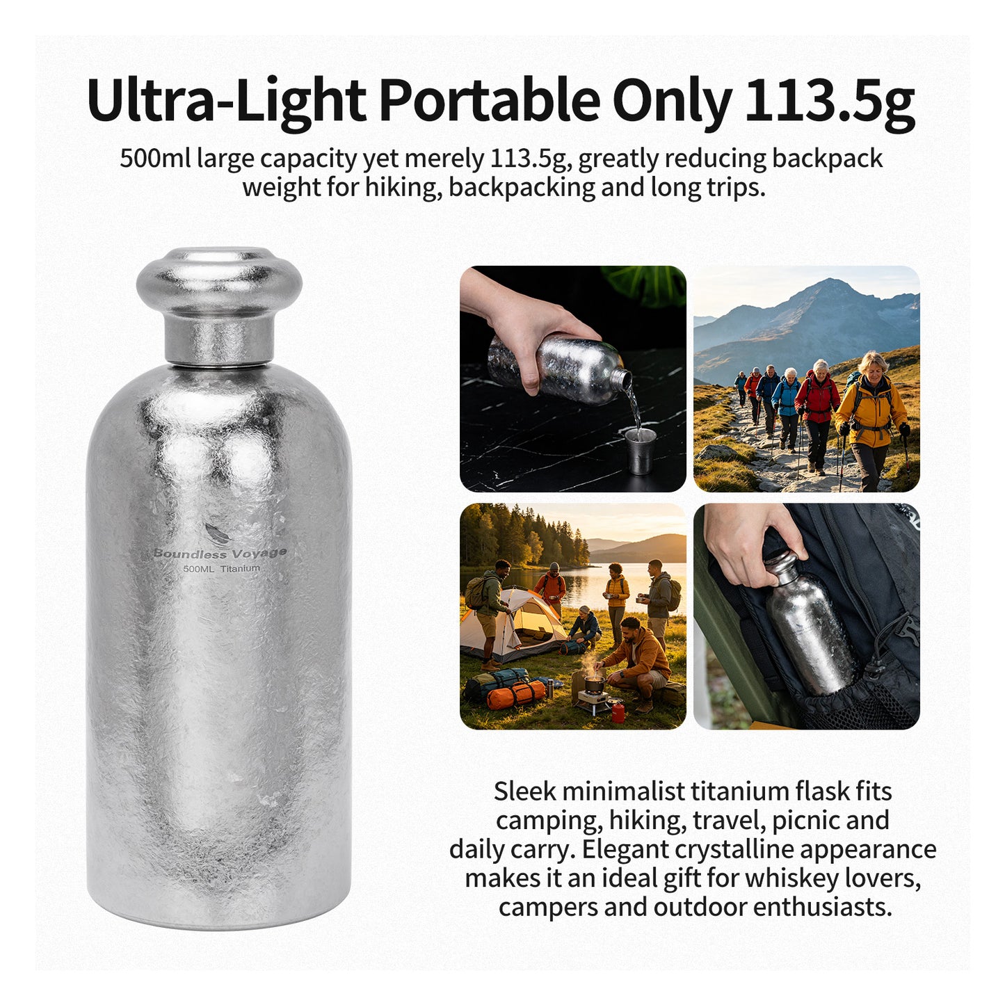 Boundless Voyage 500ml Titanium Hip Flask – Coating-Free Leakproof Liquor Bottle for Camping, Hiking & Travel