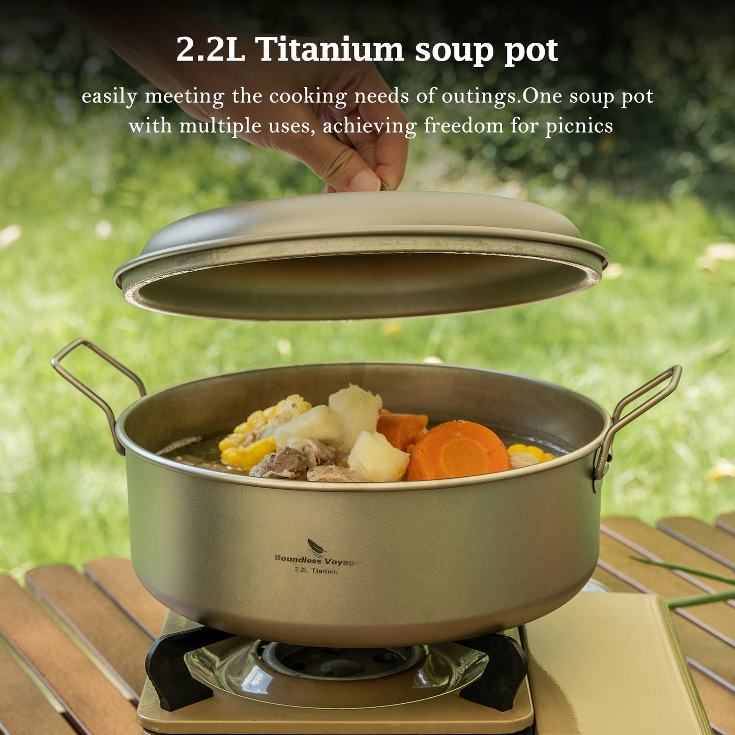 Boundless Voyage 2.2L Titanium Stock Pot with Lid – Ultralight Wide Camping Cooking Pot, TA1 Titanium Outdoor Cookware for Hiking, Picnic & Home Kitchen