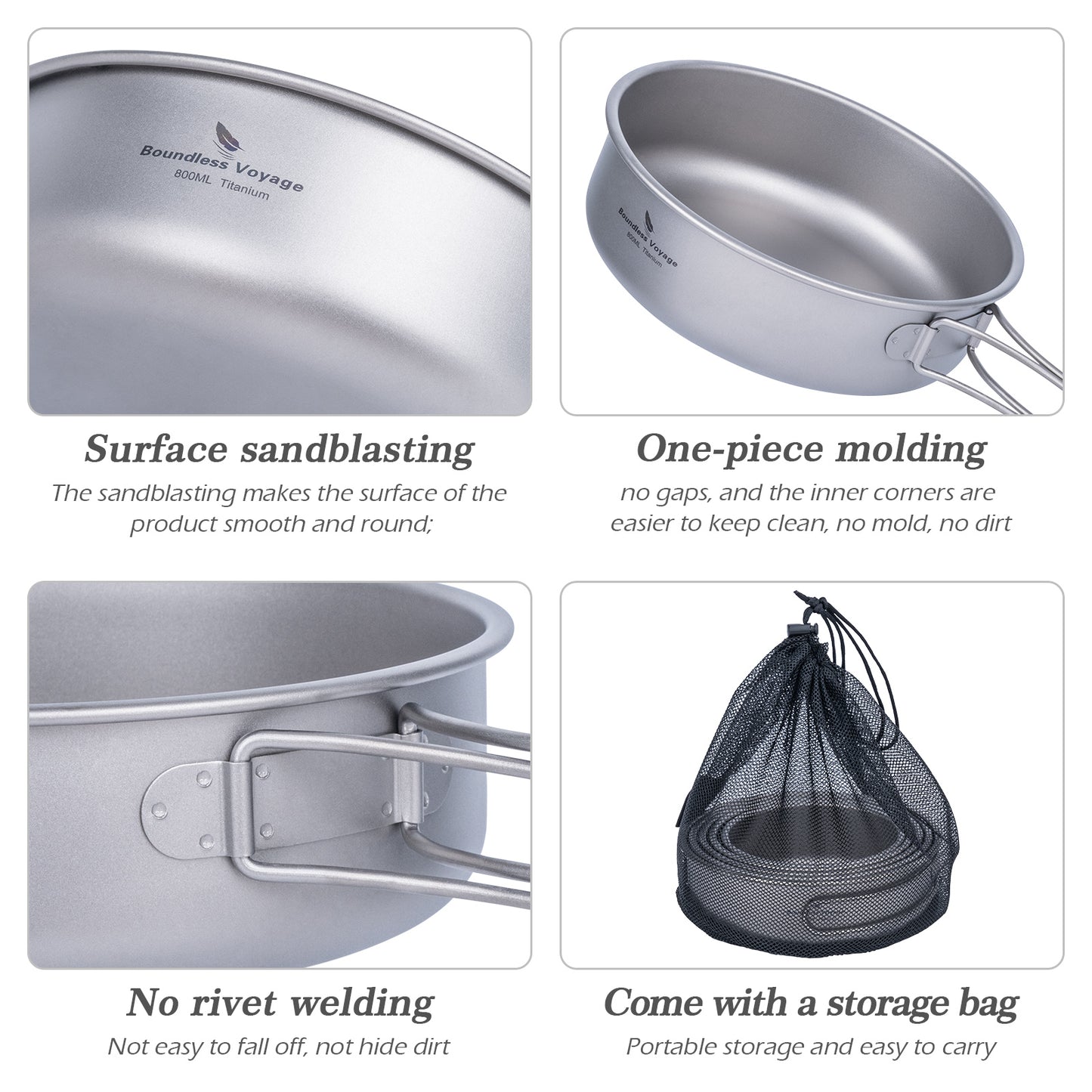 Boundless Voyage Titanium Bowls & Plates Set – 5-Piece Ultralight Folding-Handle Camping Tableware (350/500/600/700/800ml)