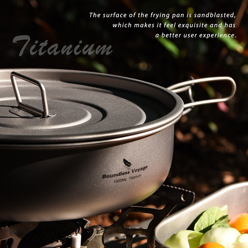 Boundless Voyage Titanium Frying Pan with Folding Handles & Lid – Ultralight Outdoor Camping Skillet & Griddle | Durable, Portable & Eco-Friendly Tableware