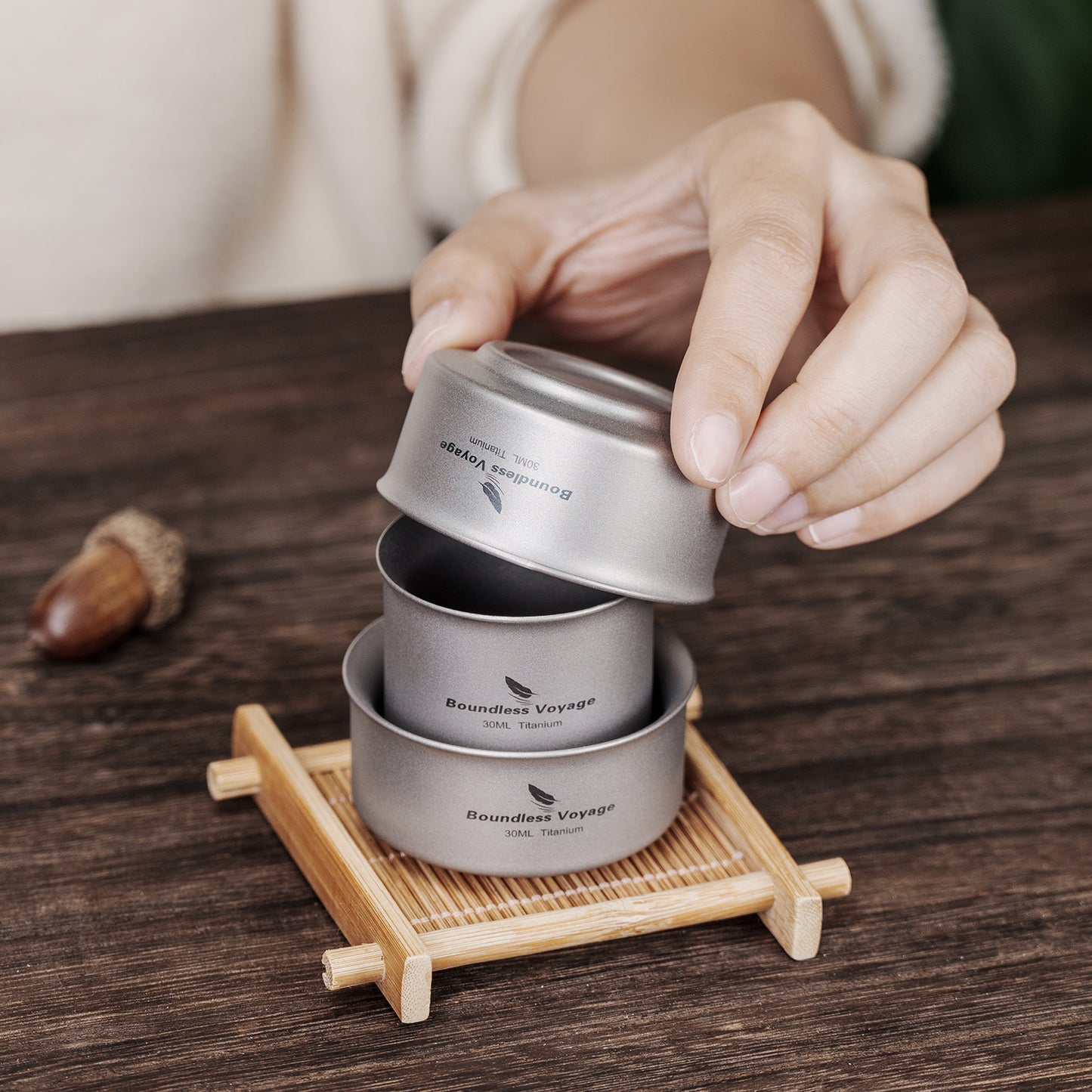 Boundless Voyage 3-Piece Titanium Double-Walled Tea Cup Set | 30ml Mini Insulated Coffee Mugs | Anti-Scald Ultralight Tasting Cups for Camping
