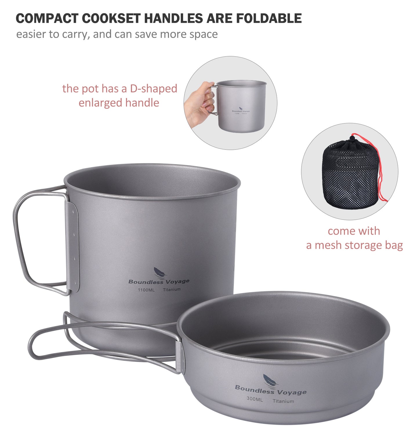 Boundless Voyage Titanium Pot & Pan Set with Folding Handles – Ultralight Camping Cookware Mess Kit for Hiking, Picnic & Outdoor Tableware