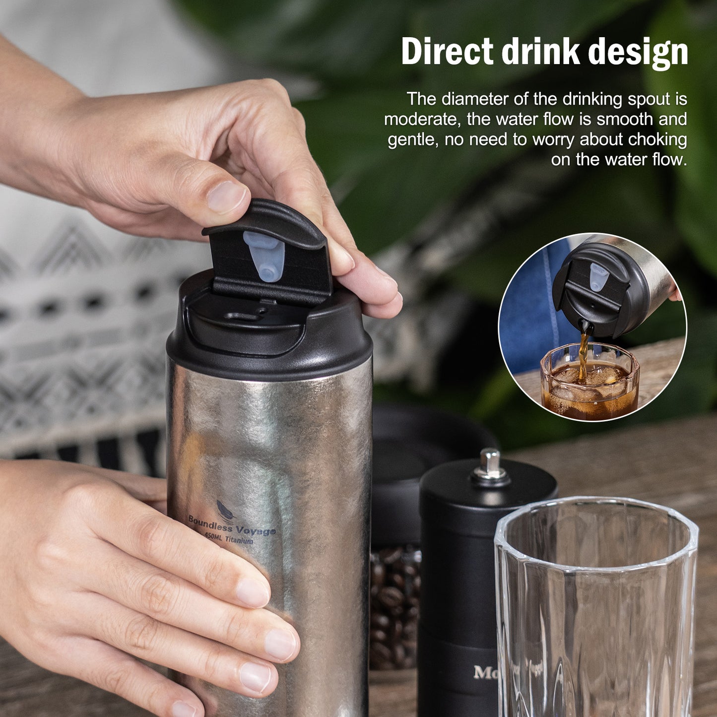 Boundless Voyage Titanium French Press Coffee Tumbler Thermos with Lid Double-Walled Insulated Water Bottle Mug 450ml