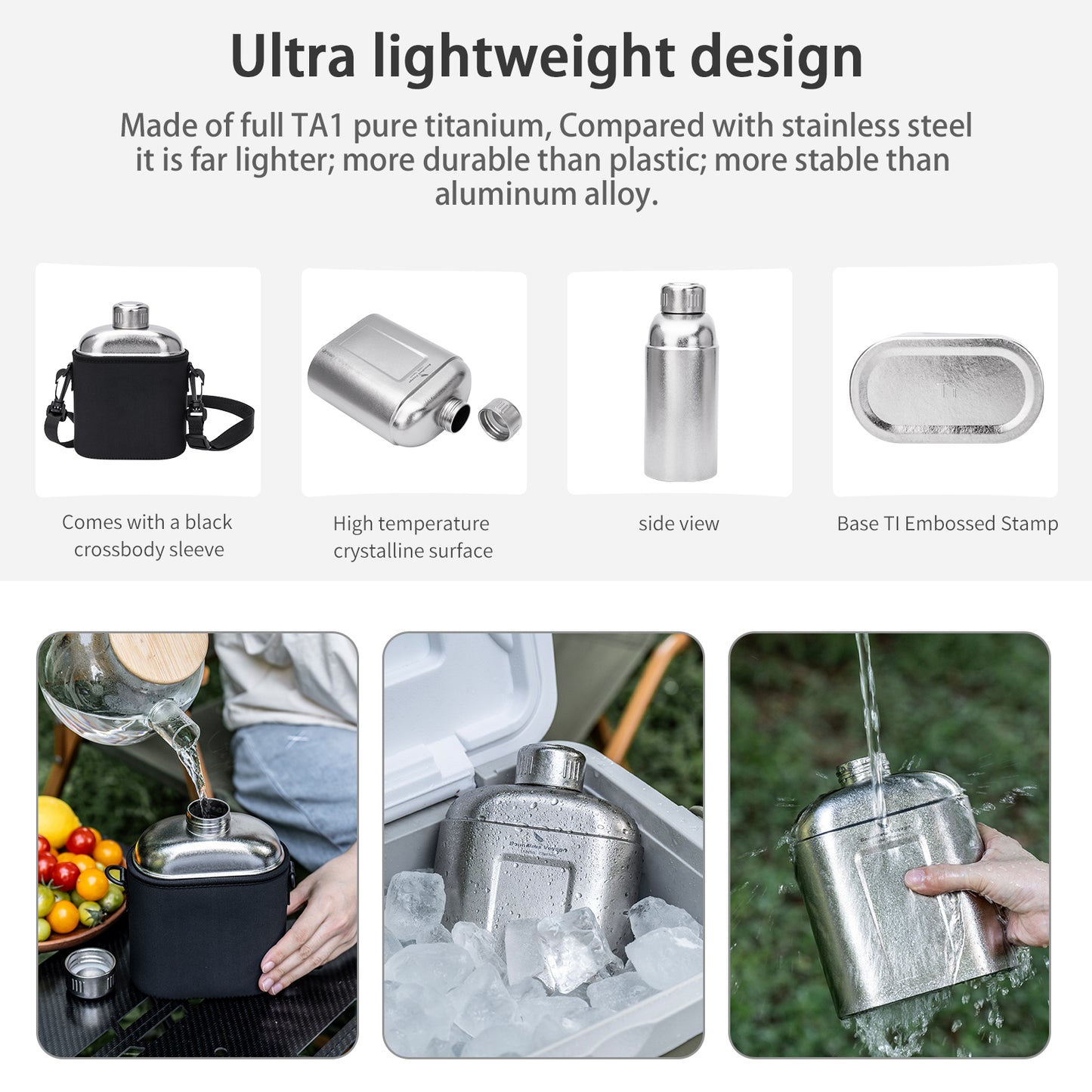 Boundless Voyage 1100ml TA1 Titanium Water Bottle – Single Wall Open-Fire Canteen with Leakproof Lid & Carry Sleeve for Camping & Outdoor Survival