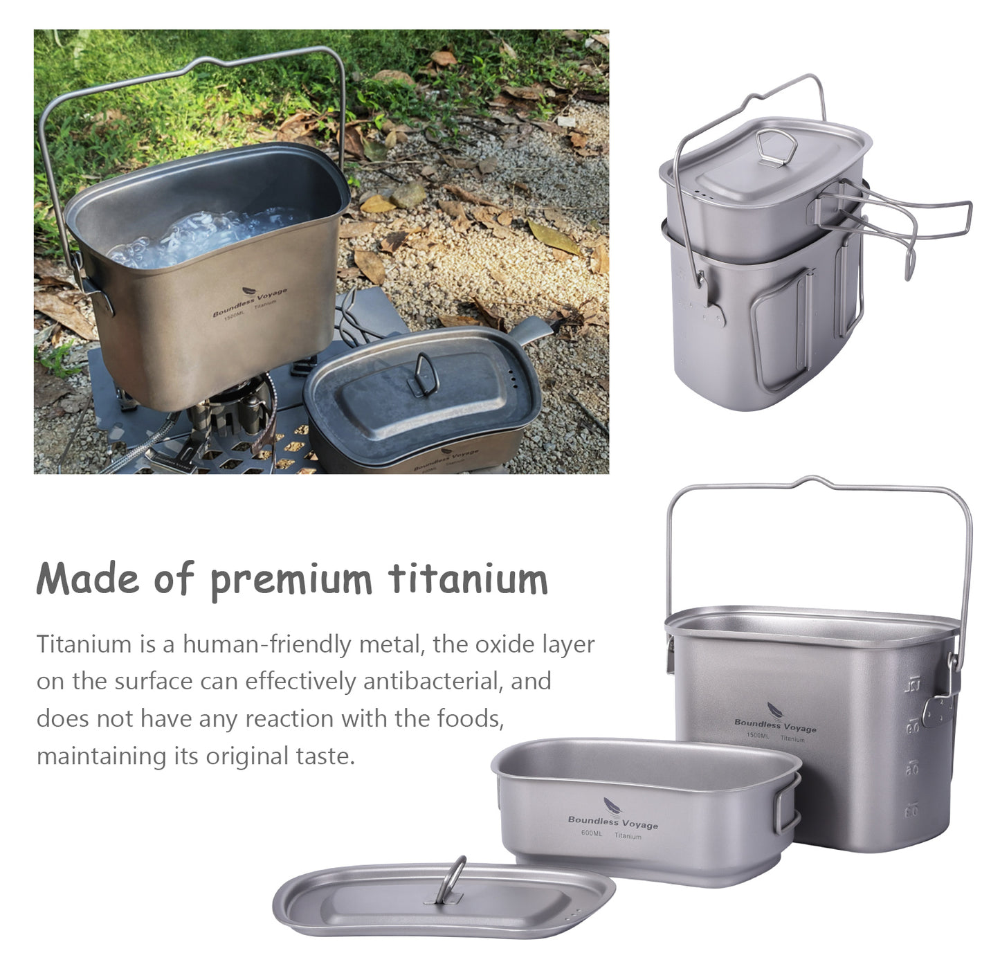 Boundless Voyage Titanium Hanging Pot & Cup Set – Ultralight Campfire Cooking Kit with Lid, TA1 Titanium Camping Cookware for Backpacking, Hiking & Outdoor Use
