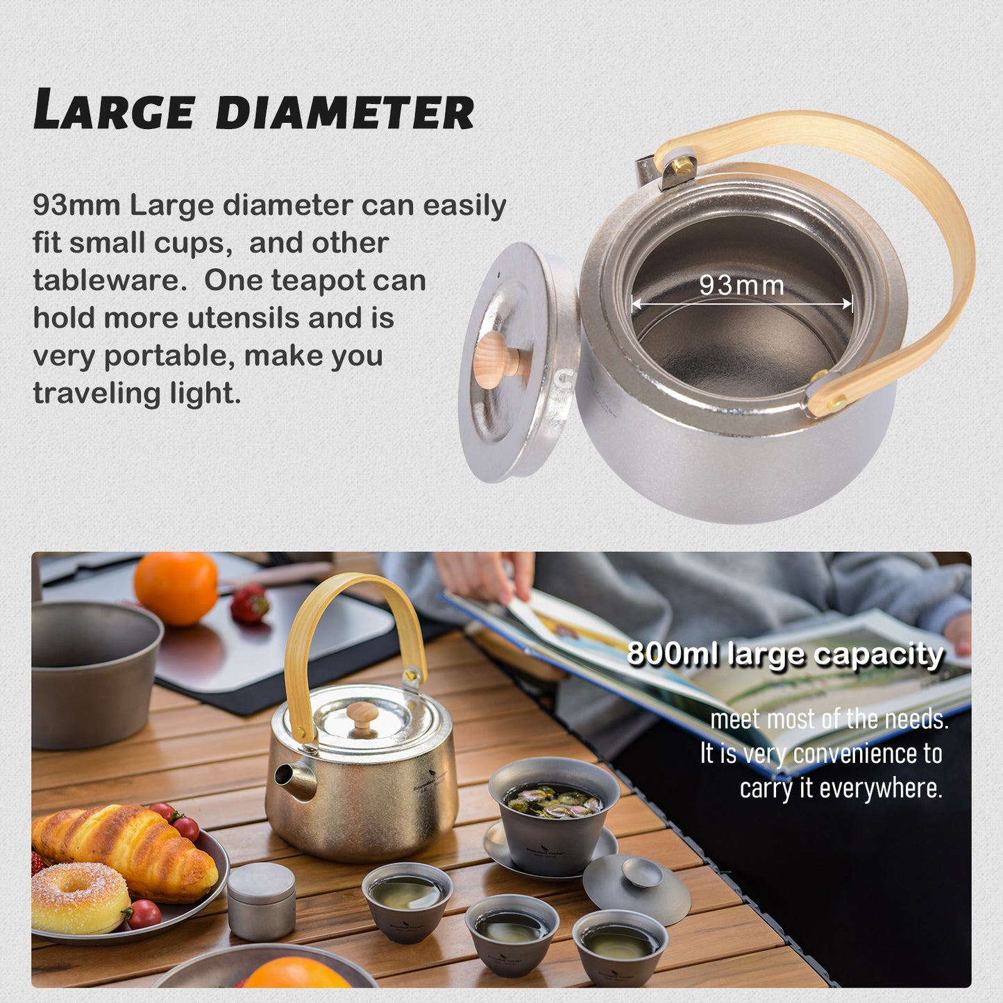 Boundless Voyage 800ml Crystallized Titanium Kettle | Ultralight Teapot with Anti-Scald Wooden Handle | Premium Tea & Coffee Pot for Camping