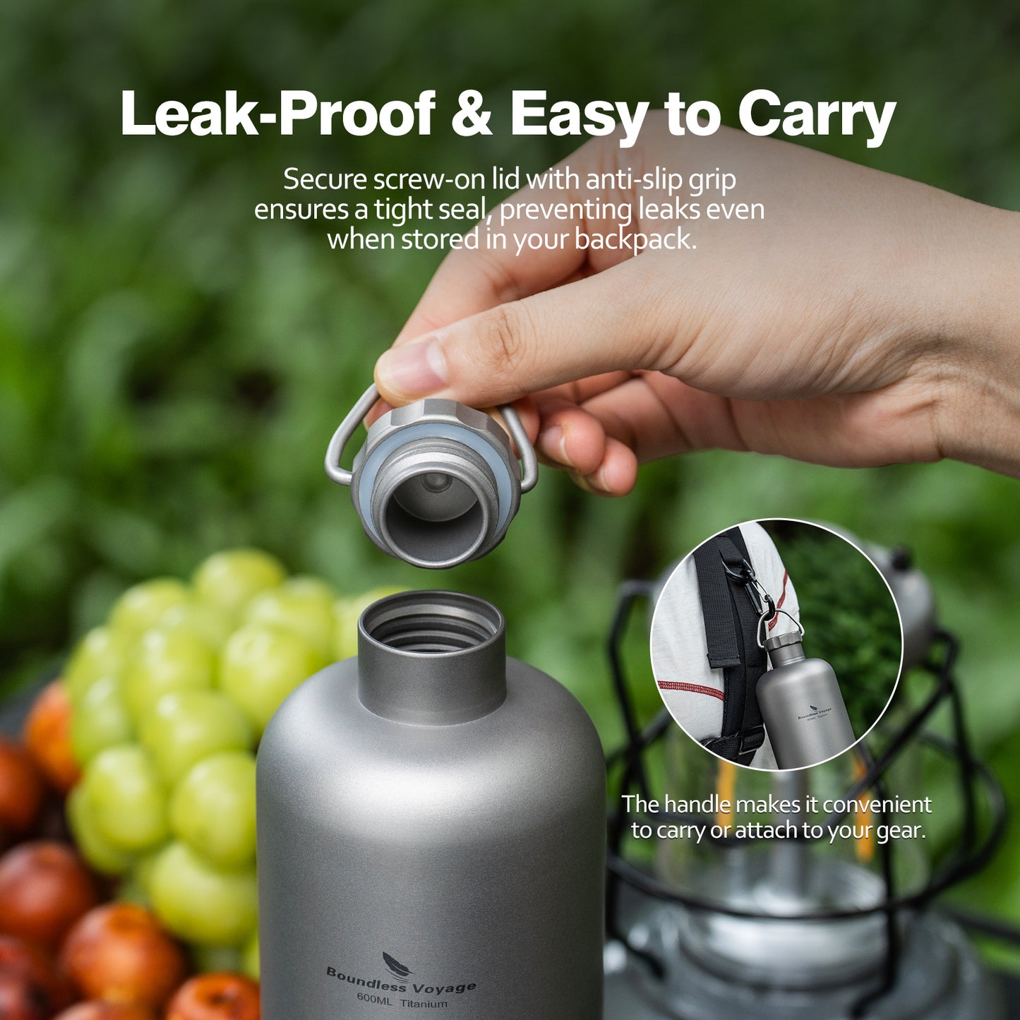 Boundless Voyage Titanium Water Bottle 600ml Ultralight Leak-Proof Lid, Durable & Corrosion Resistant, for Hiking, Camping, Travel & Everyday Use