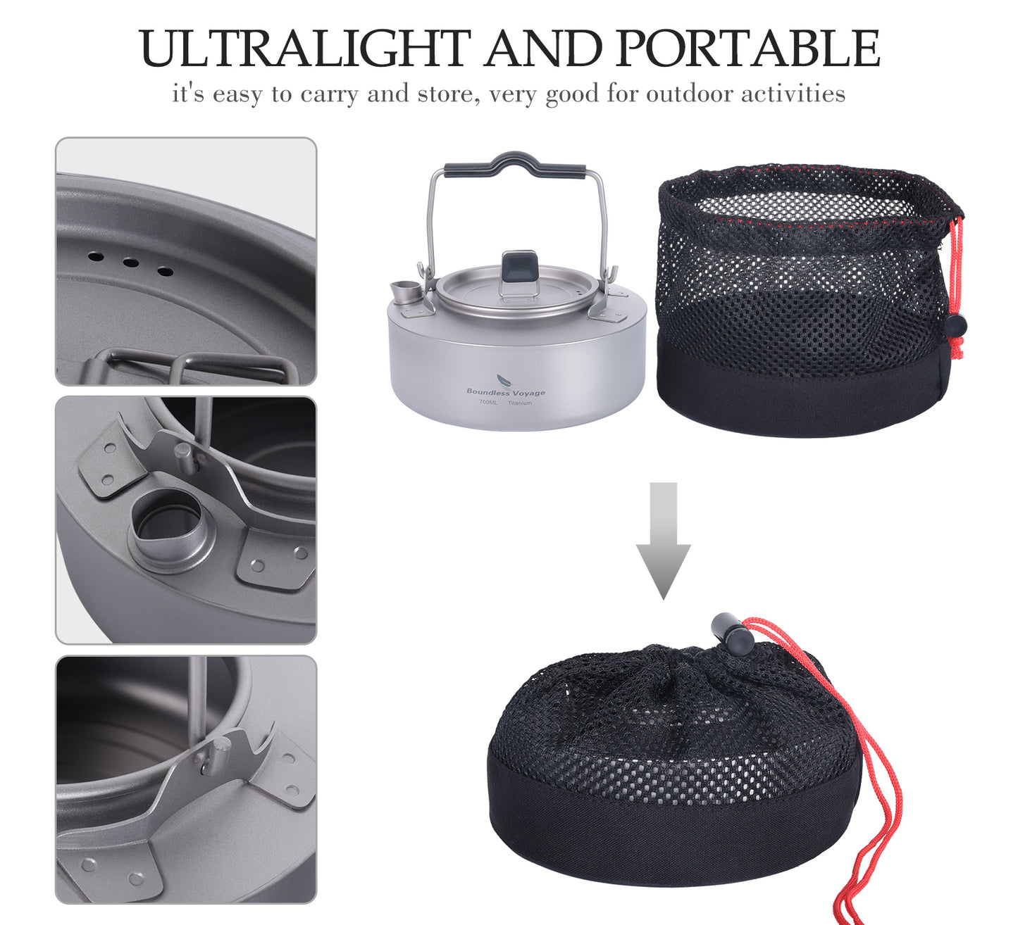 Boundless Voyage 700ml Titanium Camping Kettle – Ultralight Teapot with Folding Handle for Outdoor Cooking & Boiling Water