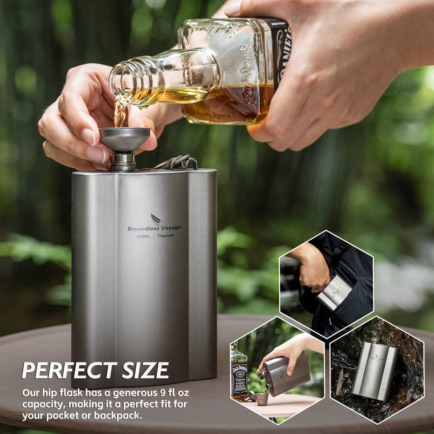 Boundless Voyage Titanium Flask 240ml+funnel Rust-Free Ultralight Small Liquor Flask Bottle for Whiskey Vodka Wine Outdoor Portable Travel Outdoor