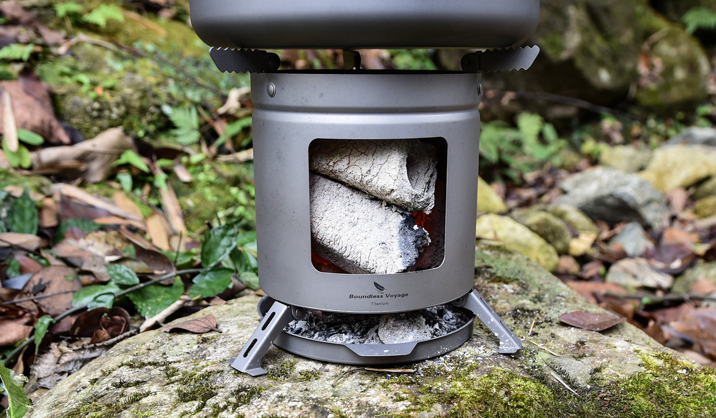 Boundless Voyage Outdoor Camping Titanium Wood Stove With Folding Pot Stands Tripods Portable Ultralight Camping Single Walled Burner