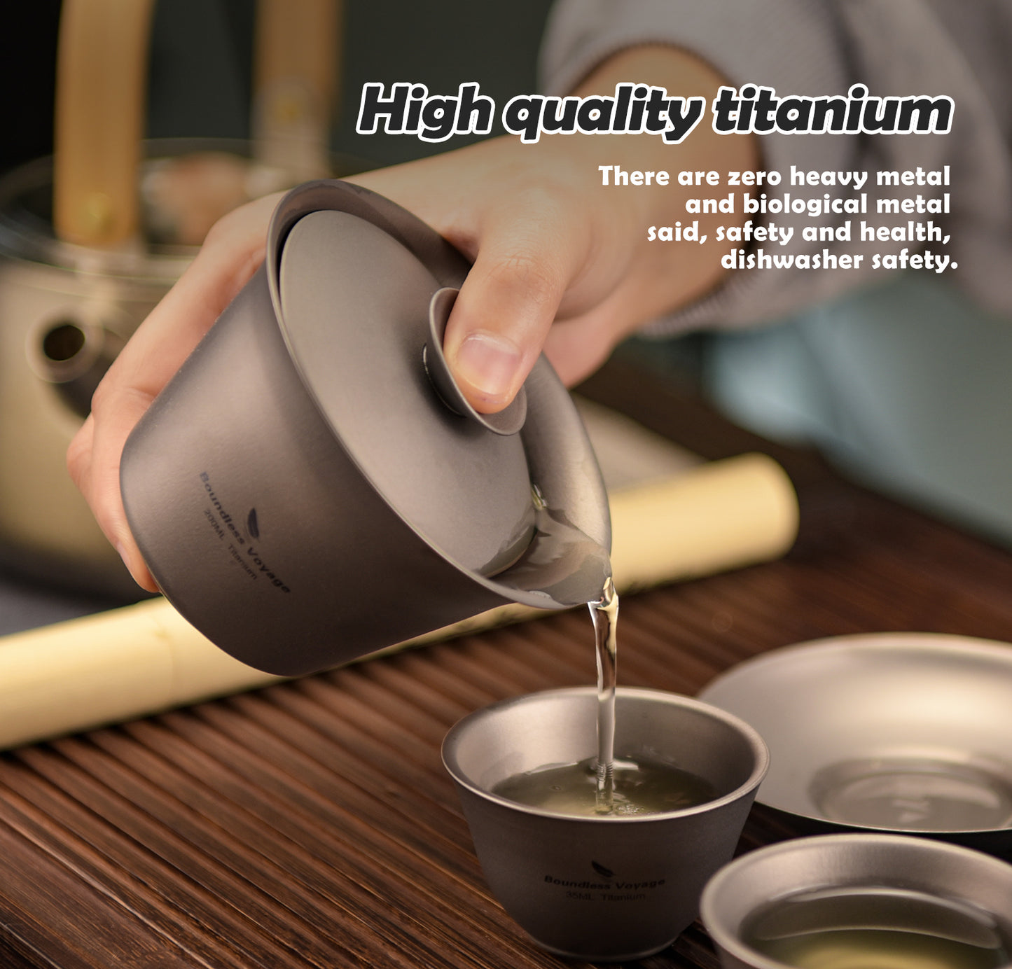 Boundless Voyage 200ml Titanium Gaiwan Set | Chinese Kung Fu Tea Bowl with Lid & Saucer | 114g Ultralight Anti-Scald Tea Set for Travel