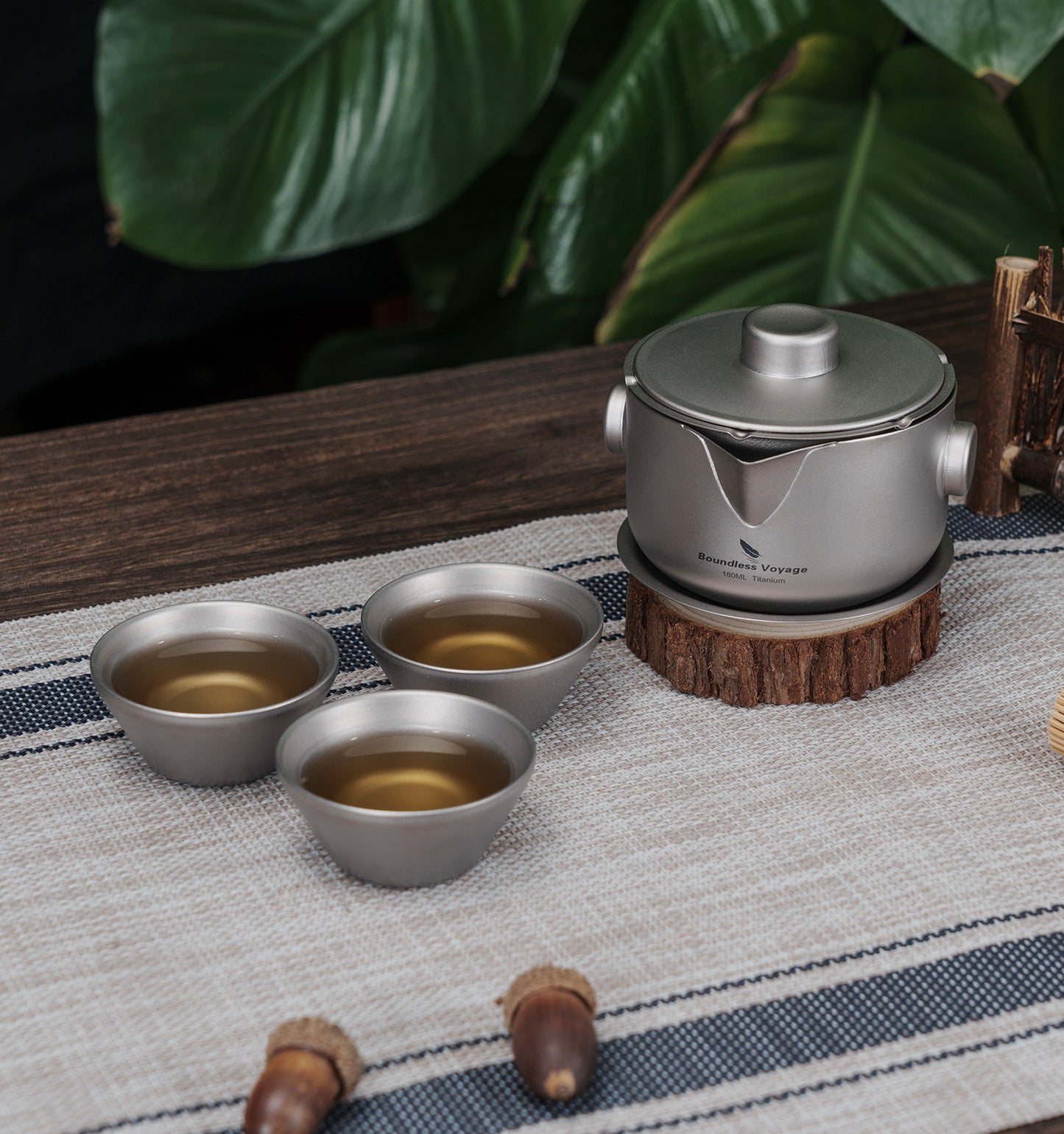 Boundless Voyage 180ml Titanium Double-Layer Tea Set | 136g Ultralight Teapot with 3pcs 30ml Anti-Scald Cups | Stackable Travel Tea Maker for Camping