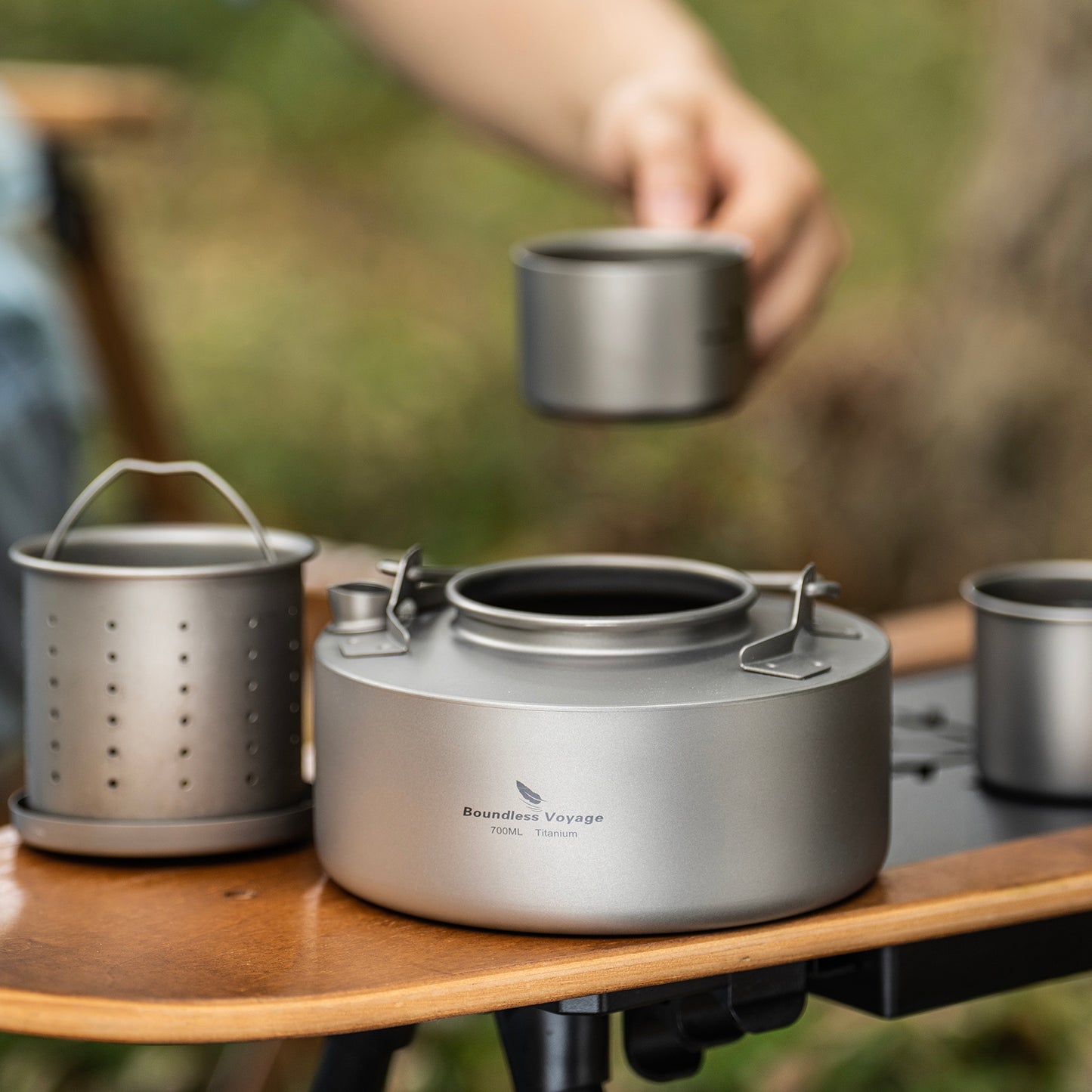 Boundless Voyage 700ml Titanium Kettle with Strainer – Ultralight Camping Pot with Folding Handle for Open Fire & Bushcraft