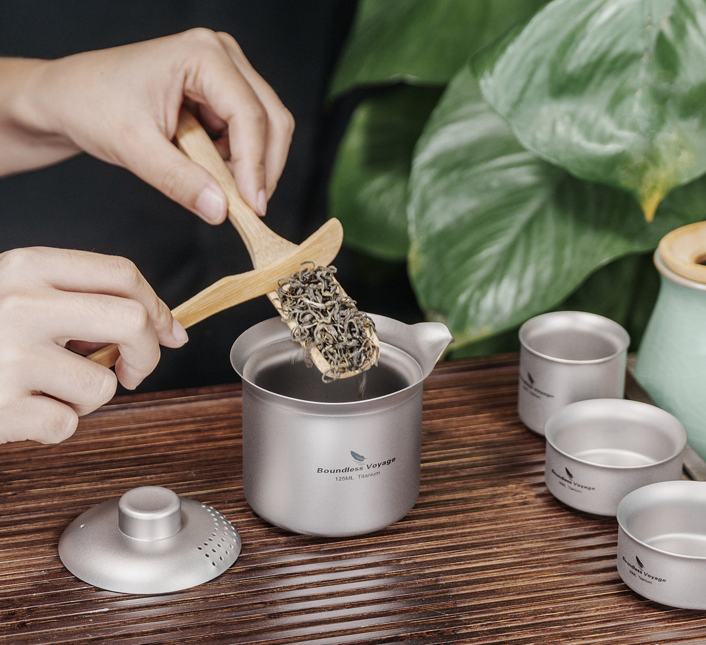 Boundless Voyage Titanium Double-Layer Tea Maker Set – Ultralight Camping Tea Pot + 3 Mini Cups (30ml) for Outdoor Brewing & Travel Tea Ceremony