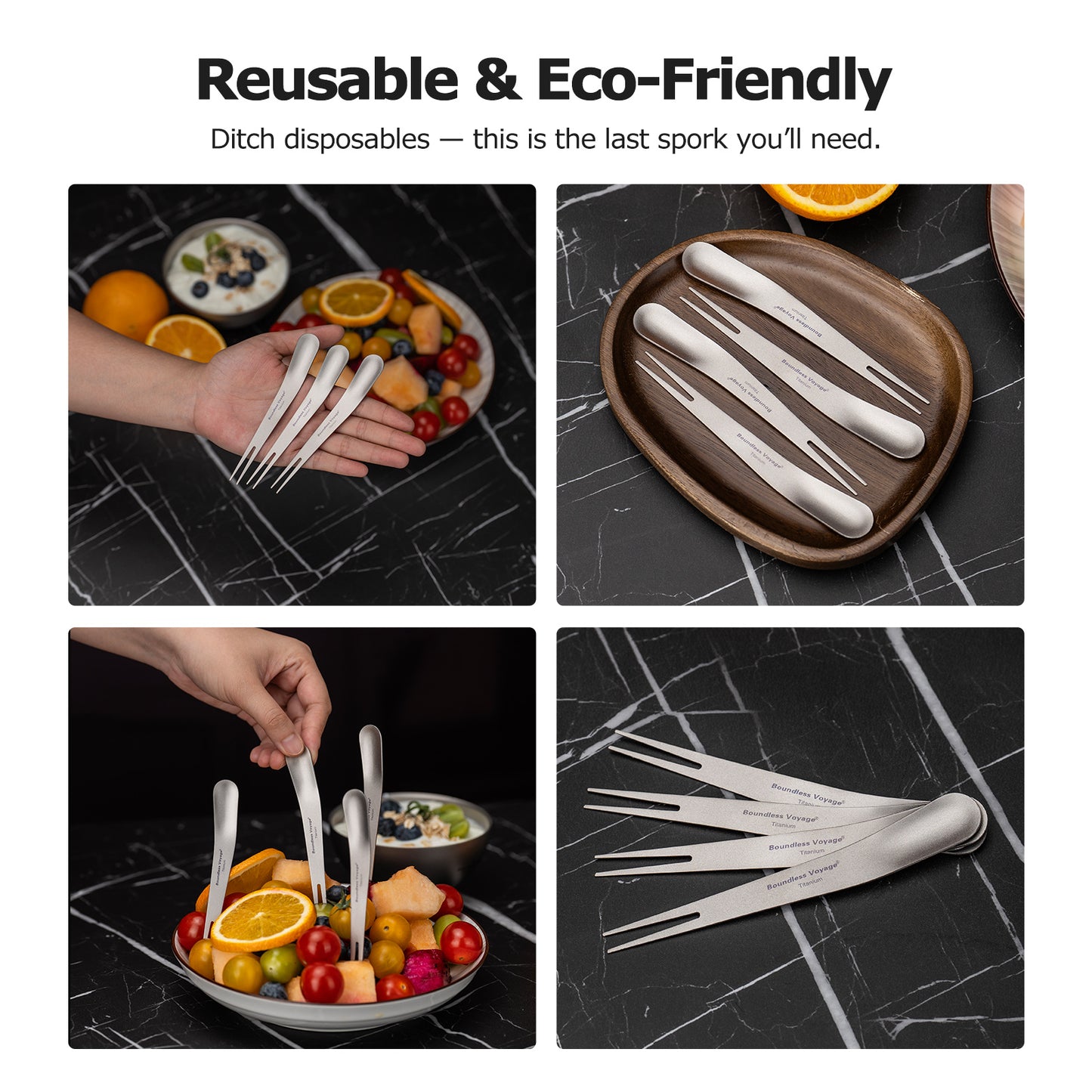Boundless Voyage Titanium Dual-Use Fork & Spoon Set – 5pcs Ultralight Camping Cutlery with Drawstring Bag for Fruits, Coffee, Ice Cream & Travel