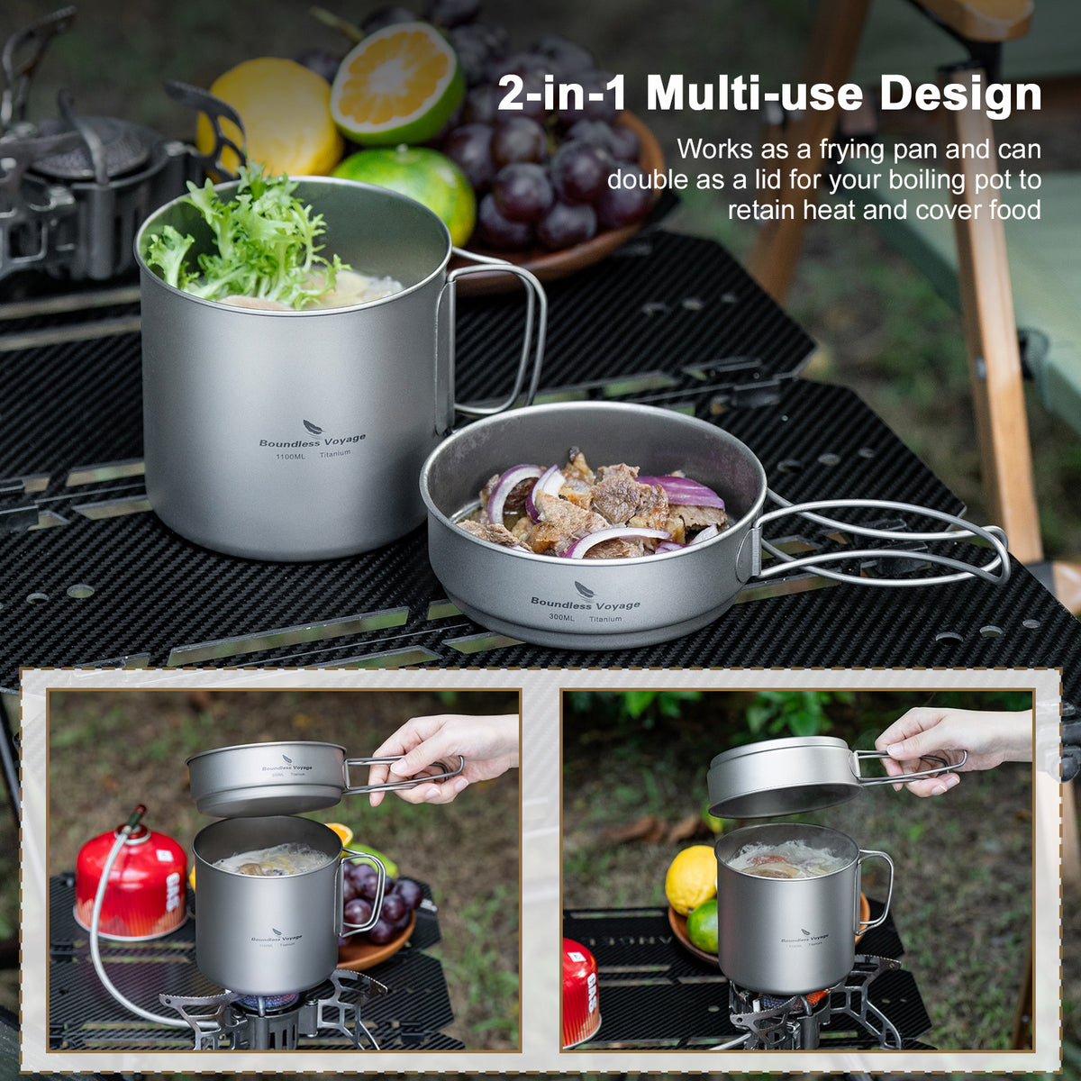 Boundless Voyage Titanium Pot & Pan Set with Folding Handles – Ultralight Camping Cookware Mess Kit for Hiking, Picnic & Outdoor Tableware