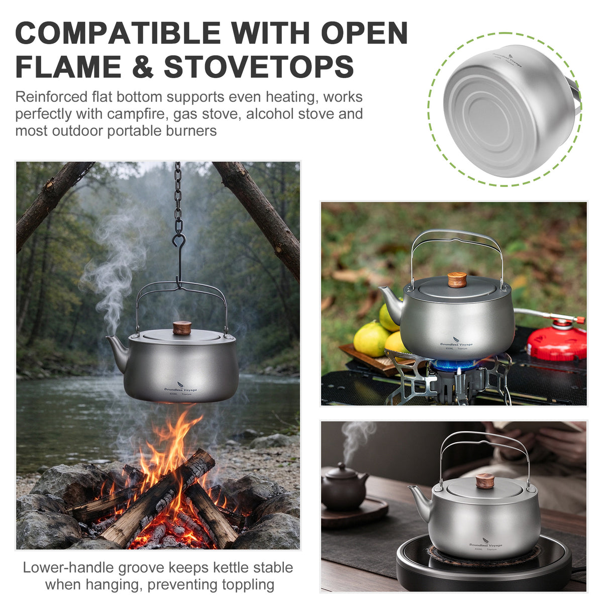 Boundless Voyage 800ml Titanium Camping Kettle – Ultralight Water Boiler with Folding Handle & Wooden Knob for Backpacking, Hiking & Outdoor Cooking