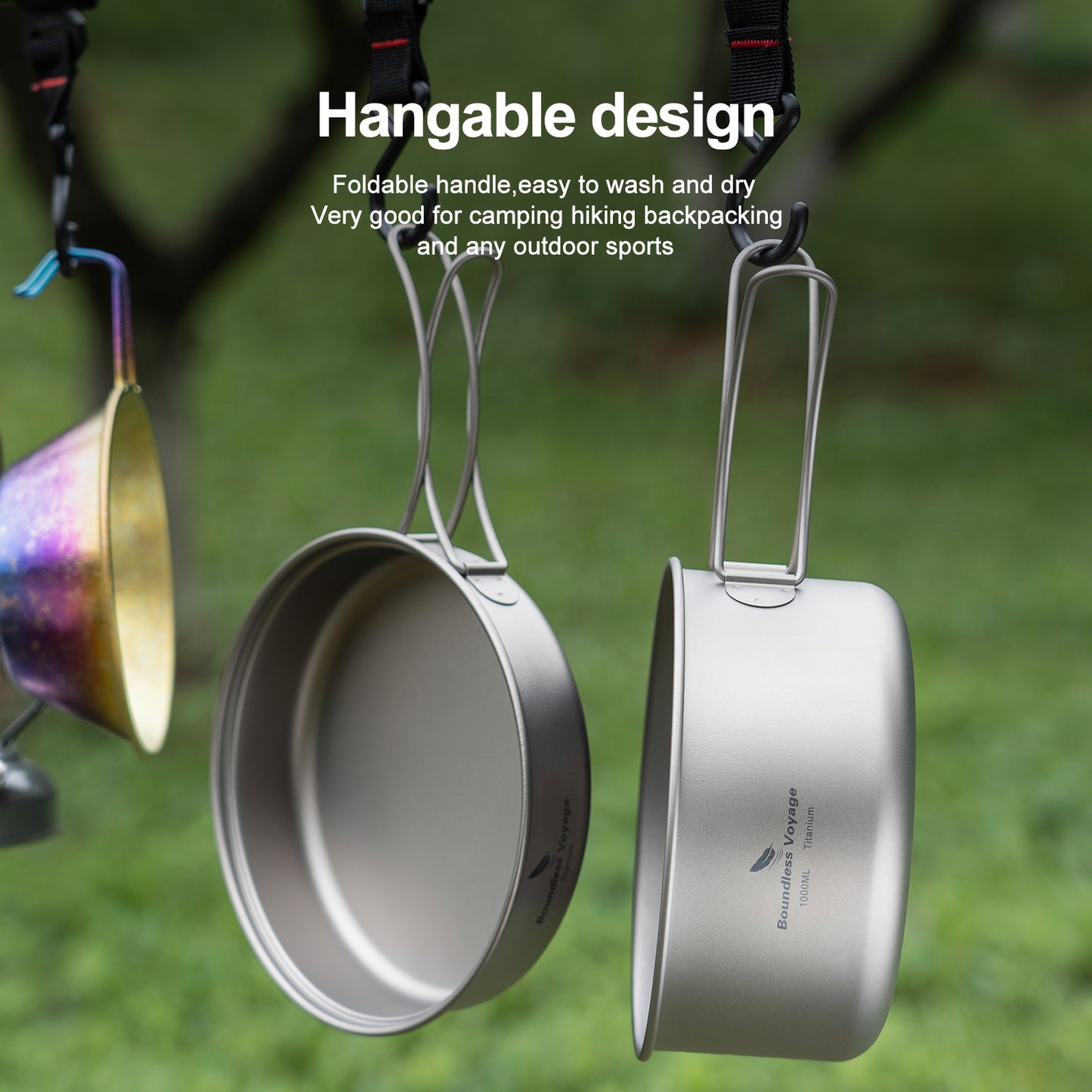 Boundless Voyage TA1 Titanium Pot & Pan Set 500ml + 1000ml with Lid – Ultralight Camping Cookware with Folding Handles for Hiking, Picnic & Outdoor Cooking