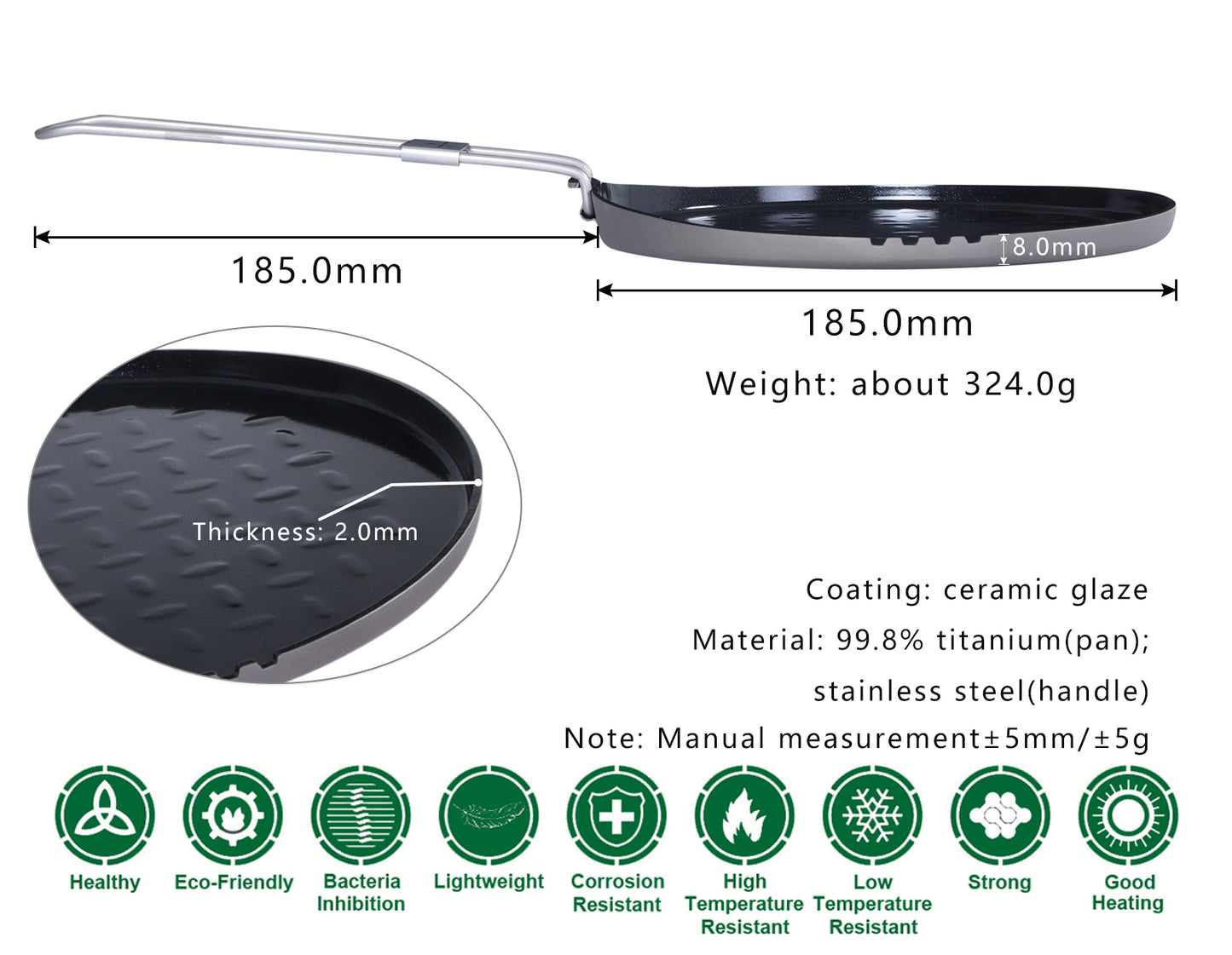 Boundless Voyage TTitanium Non-stick Frying Pan 7.2 inch Plate Dish with Folding Handle Outdoor Camping Picnic Hiking Barbecue Titanium Pan