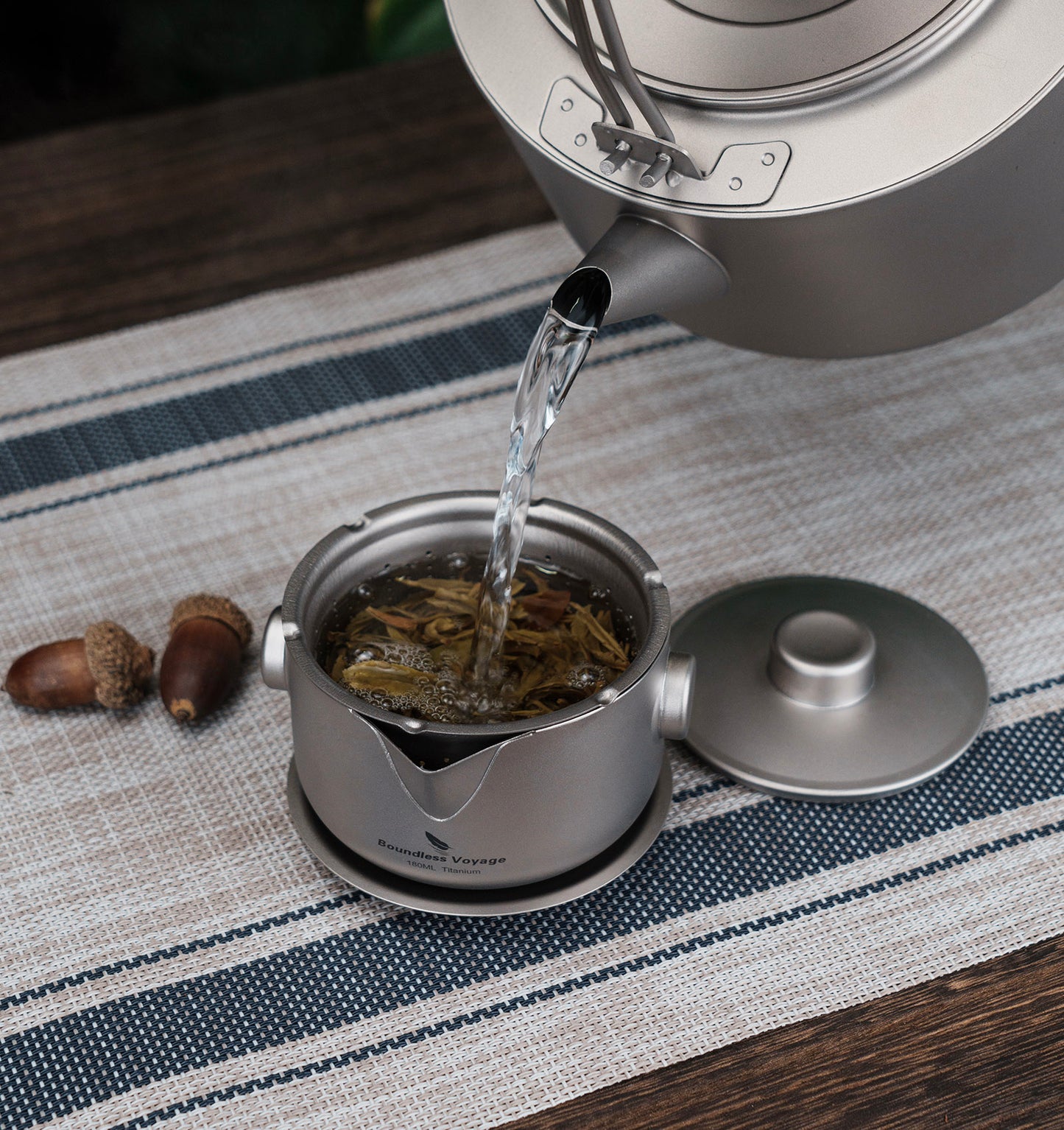 Boundless Voyage 180ml Titanium Double-Layer Tea Set | 136g Ultralight Teapot with 3pcs 30ml Anti-Scald Cups | Stackable Travel Tea Maker for Camping
