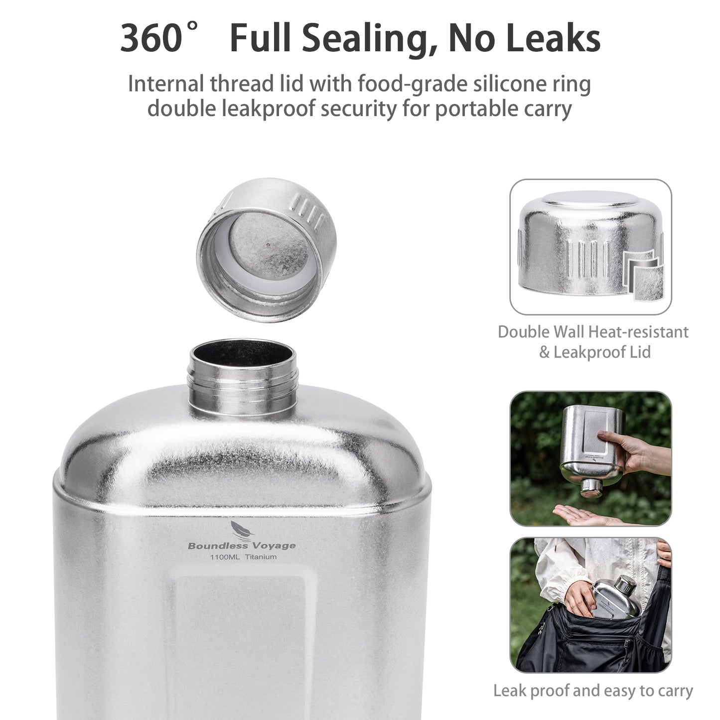 Boundless Voyage 1100ml TA1 Titanium Water Bottle – Single Wall Open-Fire Canteen with Leakproof Lid & Carry Sleeve for Camping & Outdoor Survival