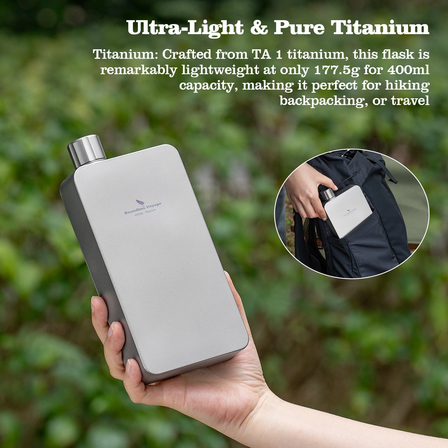 Boundless Voyage 400ml Titanium Flask – Ultra-Light Leakproof Metal Liquor Bottle with Funnel | Premium EDC Hip Flask for Camping, Travel & Gifts