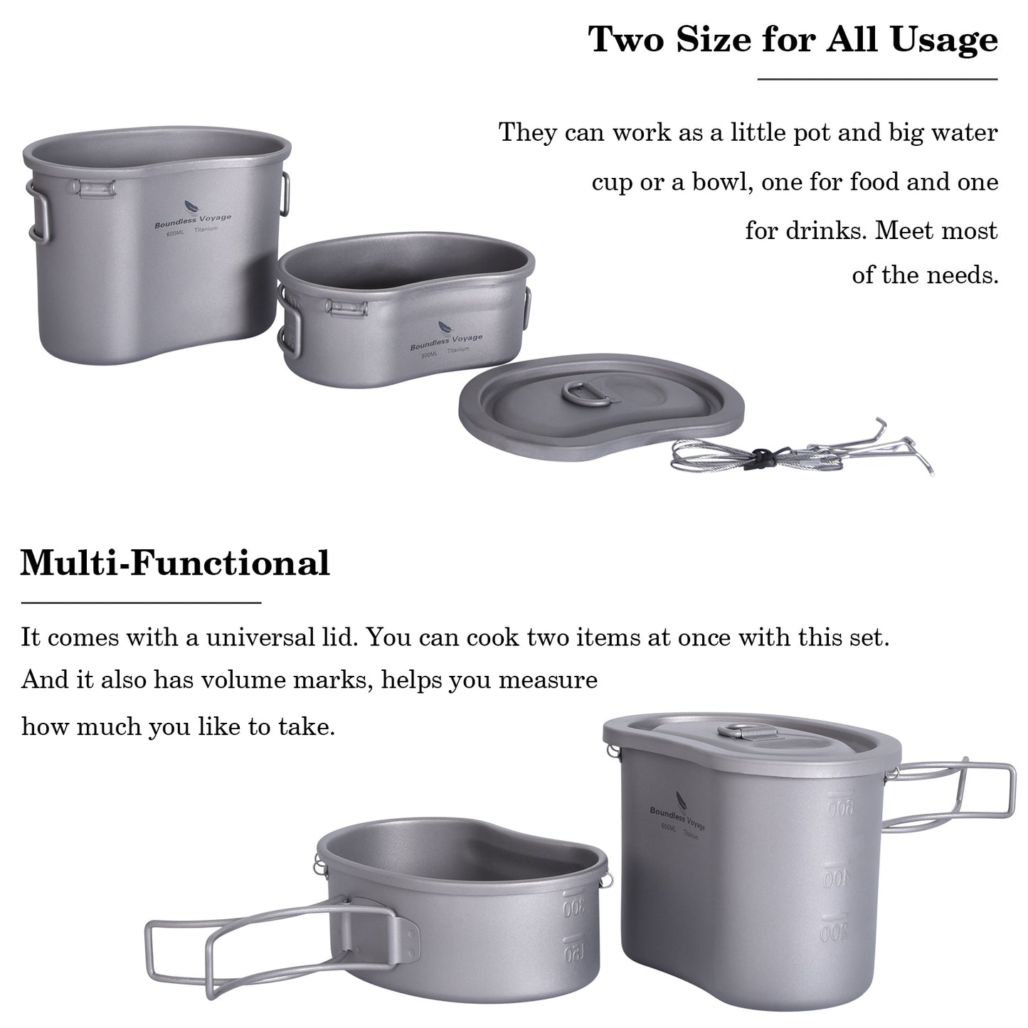 Boundless Voyage Outdoor Titanium Pot with Folding Handle Hanging Ring Camping Hiking Ultralight Portable Bowl Mess Kit 2 pcs