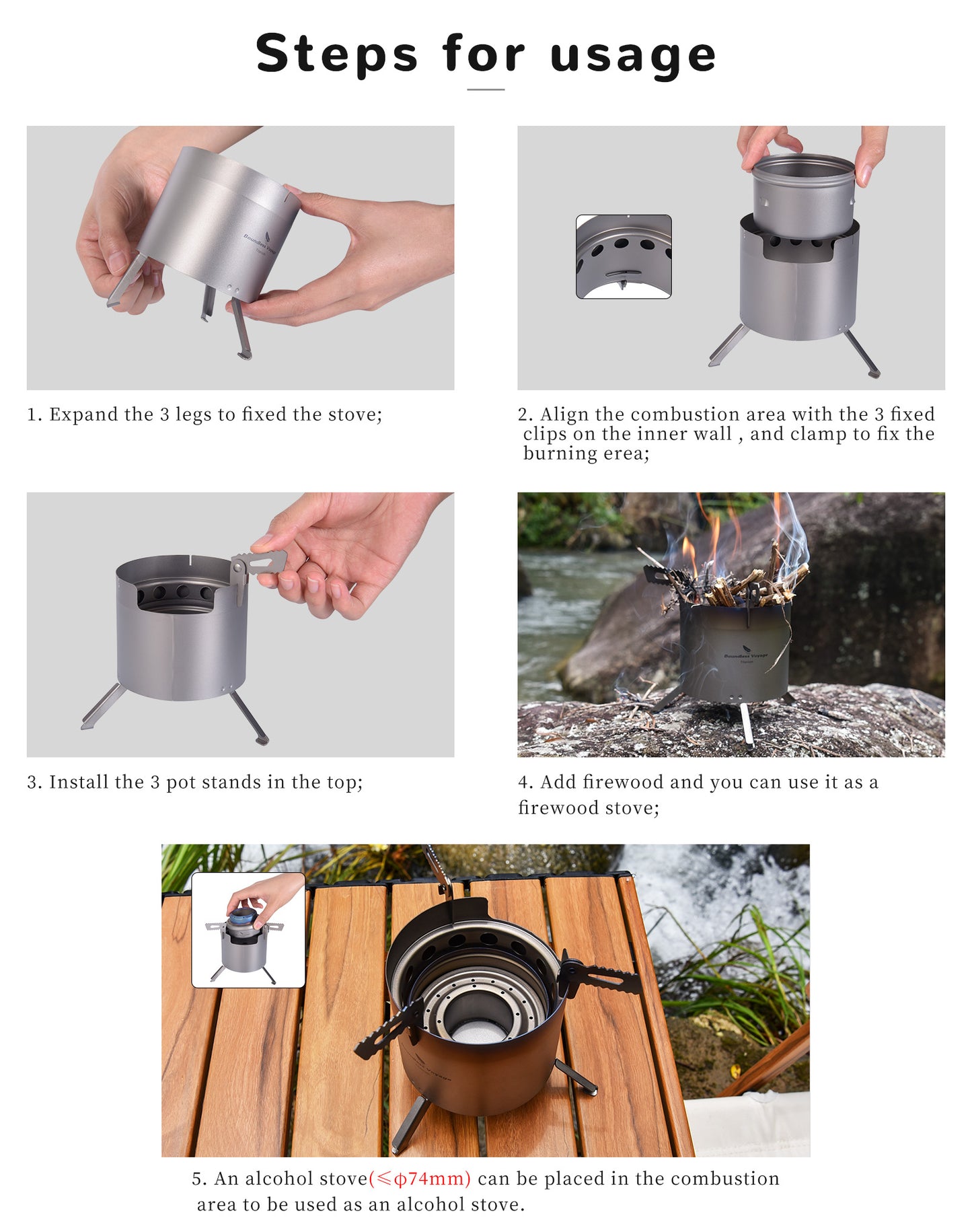 Boundless Voyage Camping Titanium Wood Stove With Removable Pot Stands Folding Legs Outdoor Double-wall Furnace