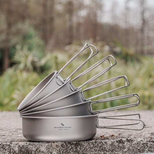 Boundless Voyage 5-Piece Titanium Bowl & Dish Set with Folding Handles – Ultralight Camping Tableware (350/500/600/700/800ml)