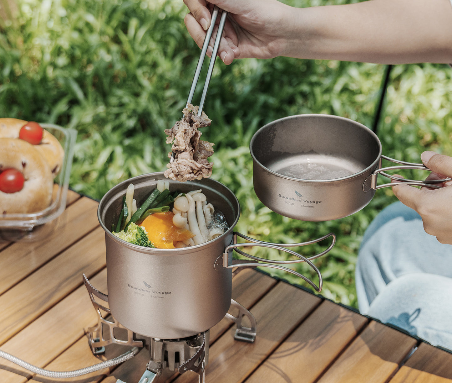 Boundless Voyage Outdoor Camping Titanium Pot Pan set with Folding Handle Picnic Hiking Mess Kit Cookware