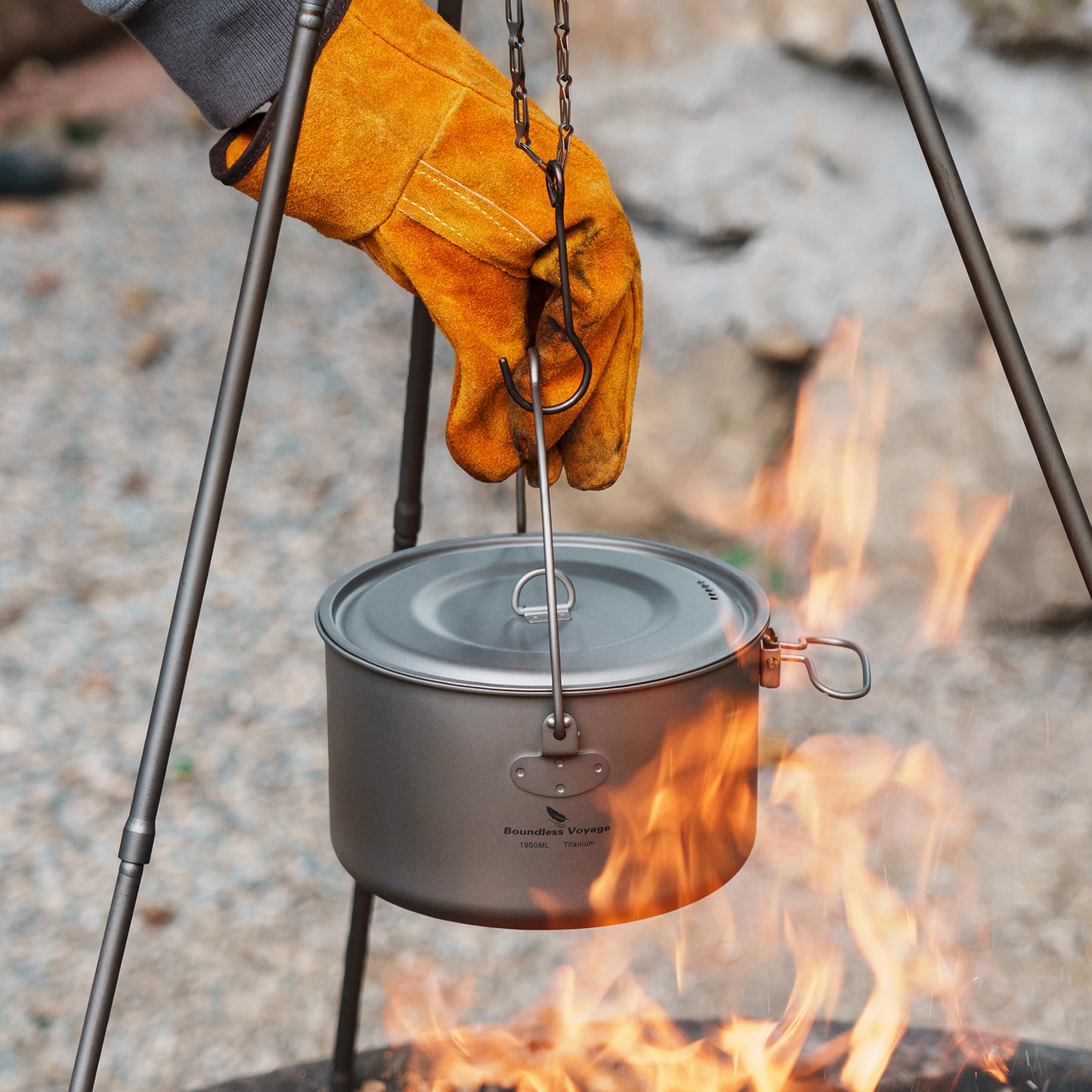 Boundless Voyage 1950ml TA1 Titanium Hanging Pot – Ultralight Campfire Cooking Pot for Camping, Backpacking & Outdoor Bushcraft
