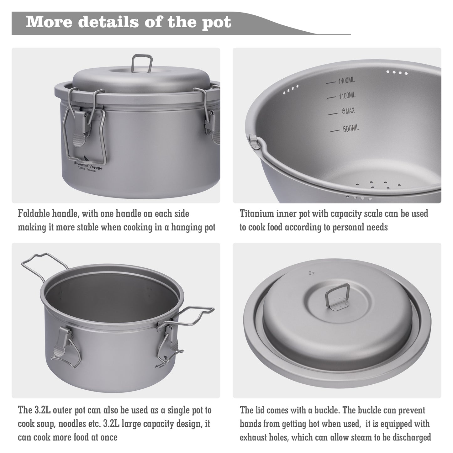 Boundless Voyage Titanium Camping Pot 3.2L  Ultralight Multifunctional Rice Cooker with Perforated Inner Liner for Hiking  Travel