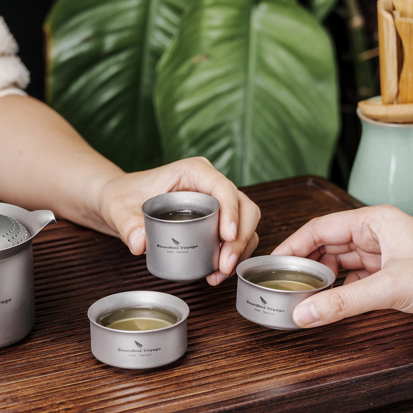 Boundless Voyage 3-Piece Titanium Double-Walled Tea Cup Set | 30ml Mini Insulated Coffee Mugs | Anti-Scald Ultralight Tasting Cups for Camping