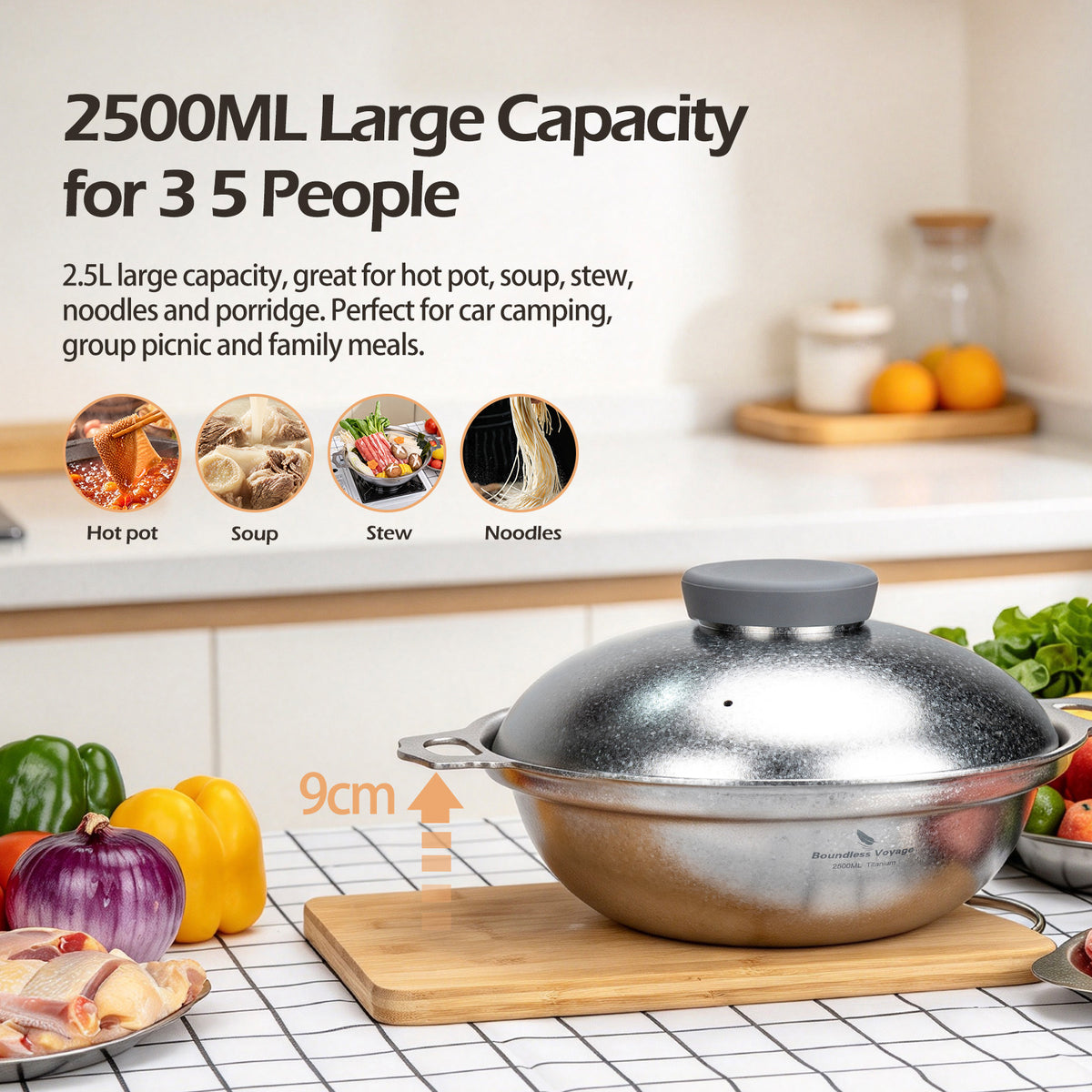 Boundless Voyage 2500ml Pure Titanium Camping Pot with Lid – Large Non-Coated Cooking Pot for Camping, Hot Pot & Outdoor Cooking
