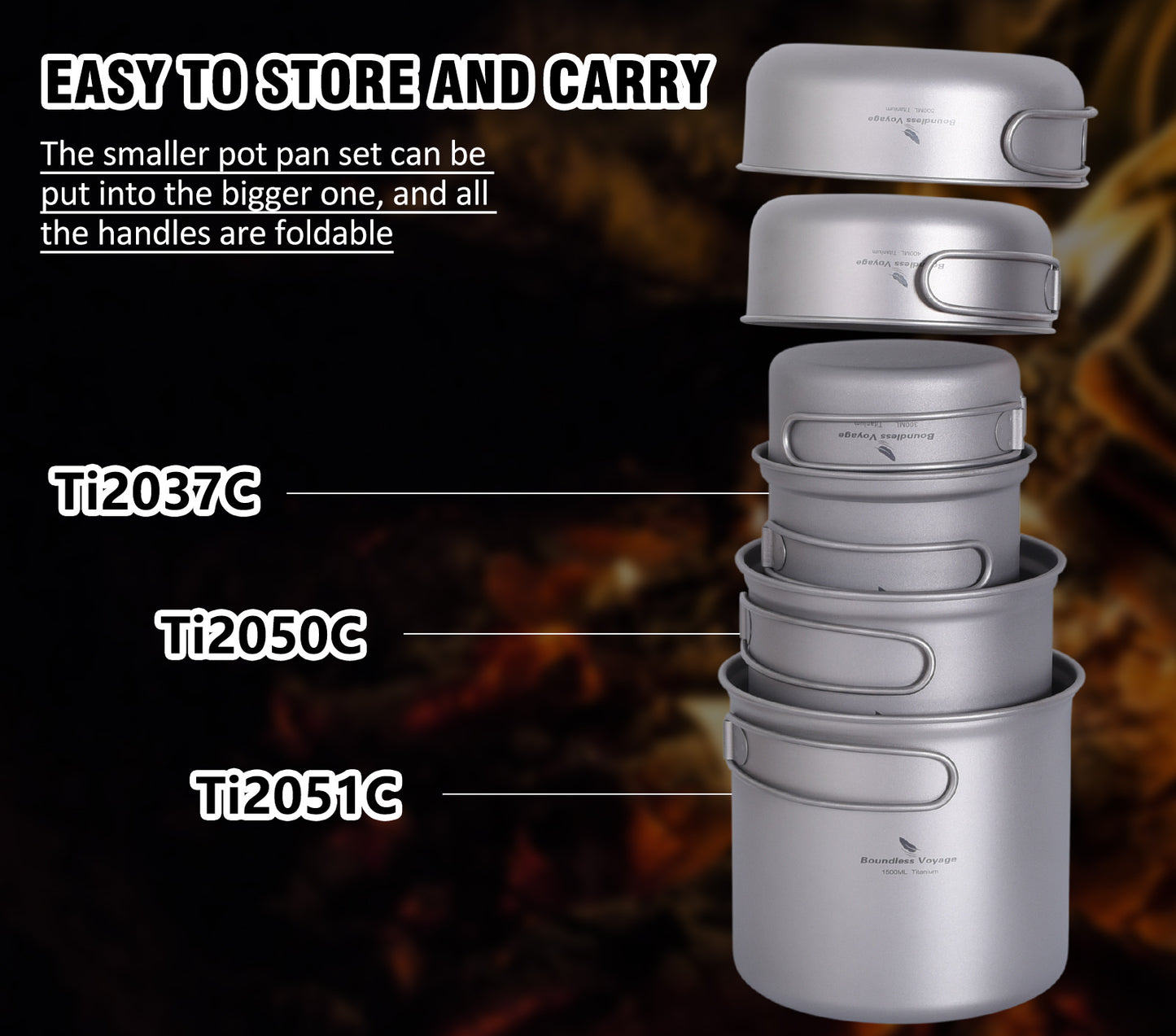 Boundless Voyage Titanium Pot Pan Set 400ml+500ml+1100ml+1500ml– Ultralight Camping Cookware (1100ml / 1500ml), Nesting TA1 Titanium Mug Plate Set for Backpacking & Hiking