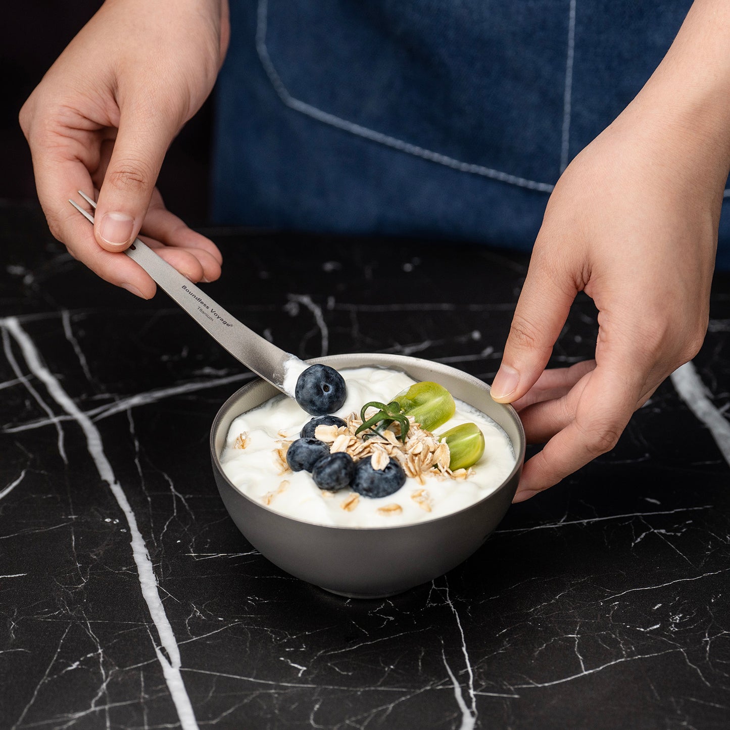 Boundless Voyage Titanium Dual-Use Fork & Spoon Set – 5pcs Ultralight Camping Cutlery with Drawstring Bag for Fruits, Coffee, Ice Cream & Travel