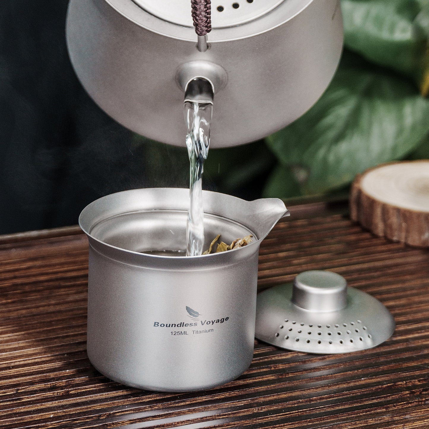 Boundless Voyage Titanium Double-Layer Tea Maker Set – Ultralight Camping Tea Pot + 3 Mini Cups (30ml) for Outdoor Brewing & Travel Tea Ceremony