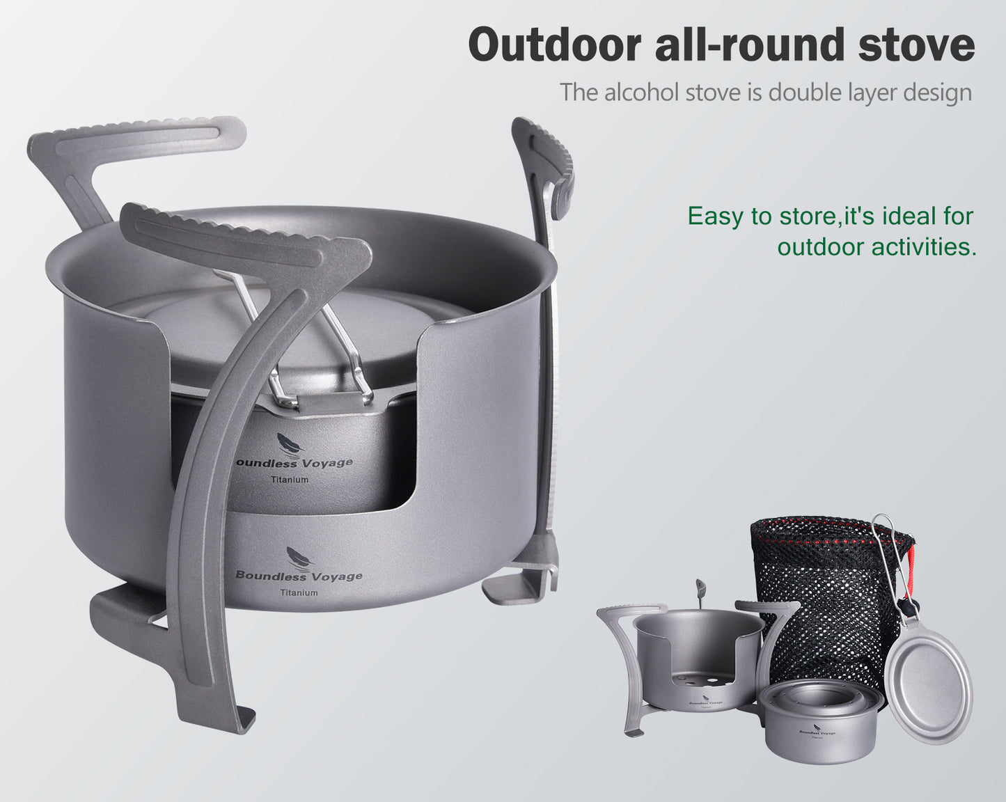 Boundless Voyage Titanium Alcohol Stove with Pot Stand – Ultralight Camping Burner Set for Backpacking, Hiking & Outdoor Cooking