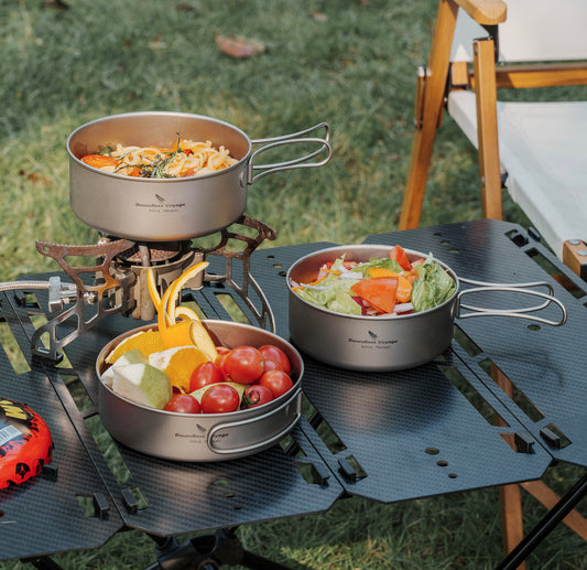 Boundless Voyage 3-Piece Ultralight Titanium Cookware Set | 500ml+600ml+700ml Nesting Pot & Pan Kit | Folding Handle Portable Mess Kit for Backpacking & Camping
