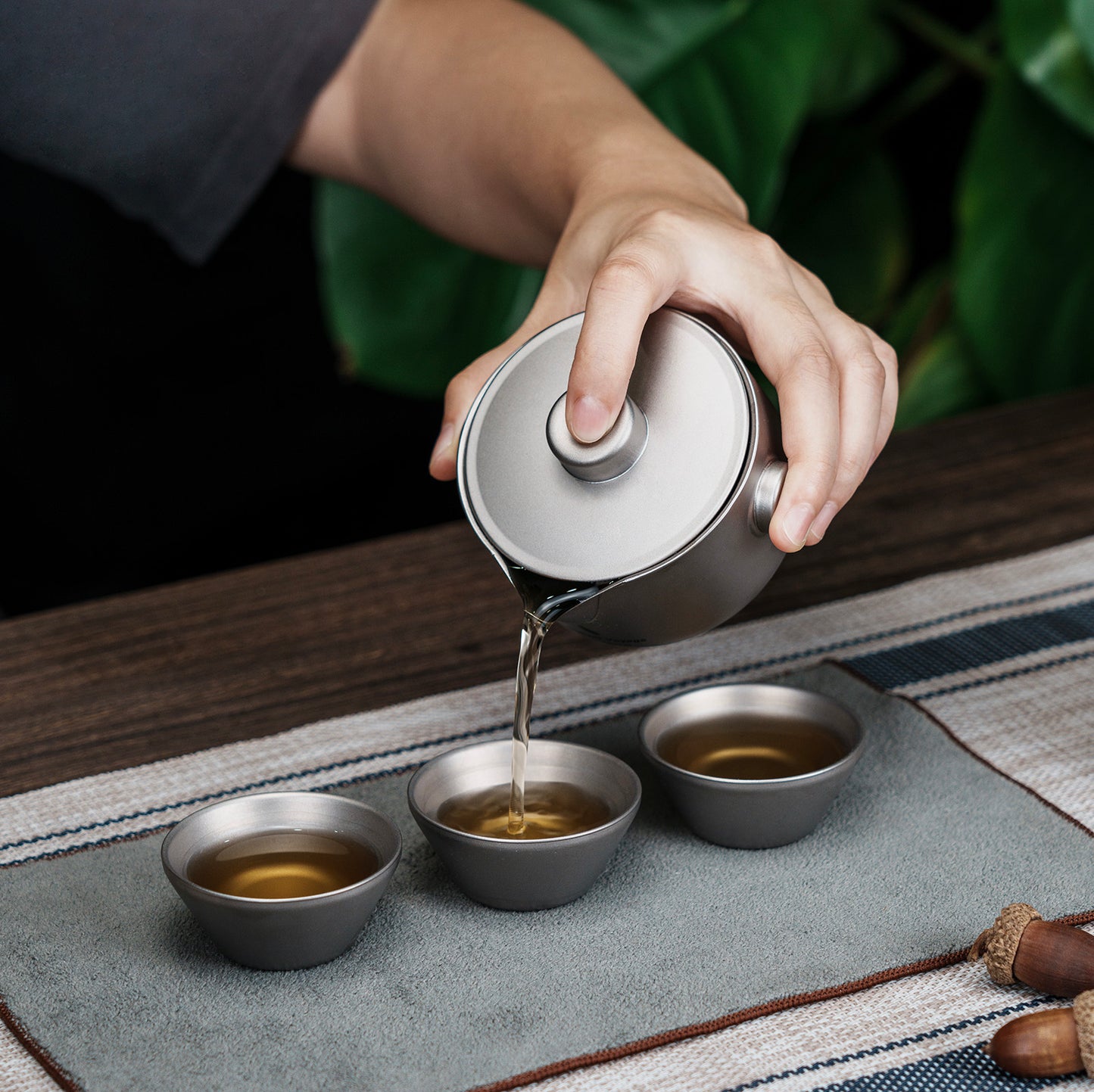 Boundless Voyage 180ml Titanium Double-Layer Tea Set | 136g Ultralight Teapot with 3pcs 30ml Anti-Scald Cups | Stackable Travel Tea Maker for Camping