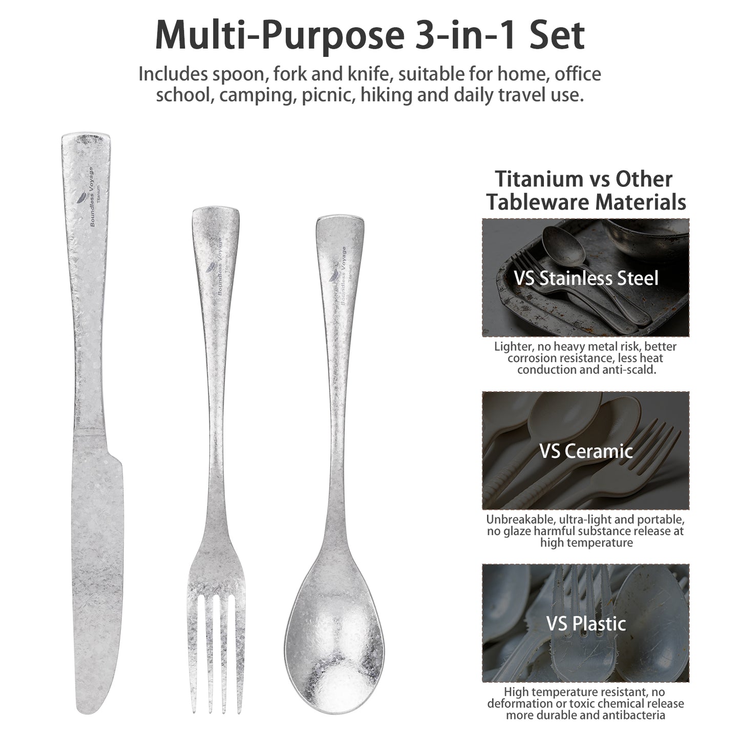 Boundless Voyage Titanium Flatware Set – Portable Outdoor Knife Fork Spoon Kit for Camping, Backpacking & Everyday Use