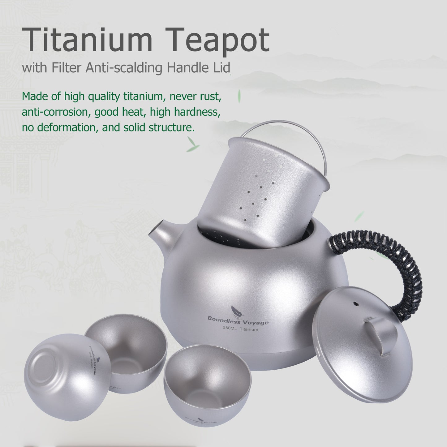 Boundless Voyage Titanium Kung Fu Tea Set | 380ml Kettle & 3PCS 25ml Cups | Anti-Scald Ultralight Tea Maker for Camping, Hiking & Travel