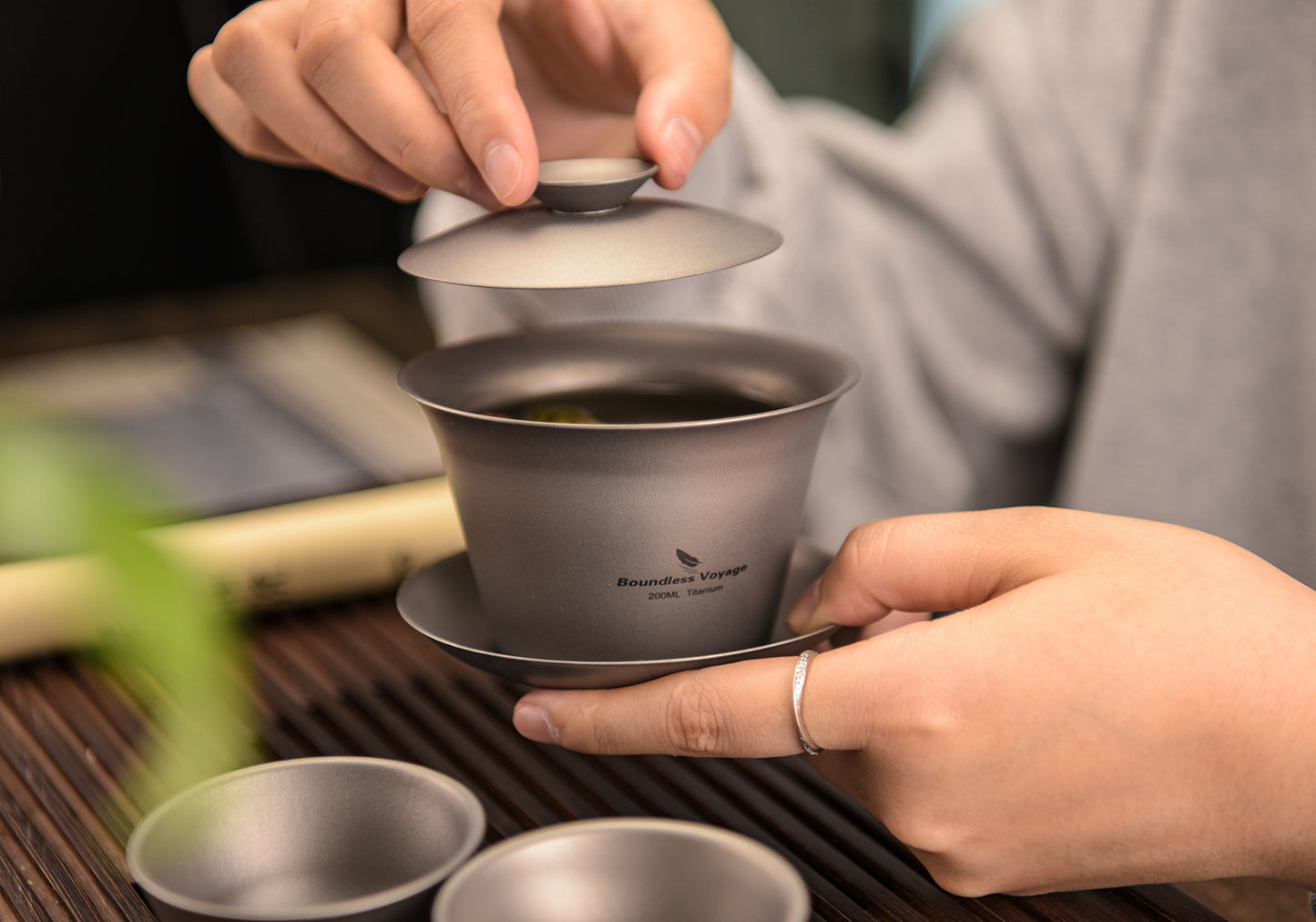 Boundless Voyage 200ml Titanium Gaiwan Set | Chinese Kung Fu Tea Bowl with Lid & Saucer | 114g Ultralight Anti-Scald Tea Set for Travel